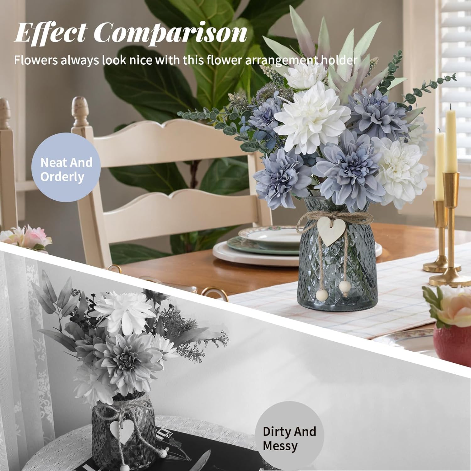 8 Blue and White Artificial Dahlias in Vase with Holder