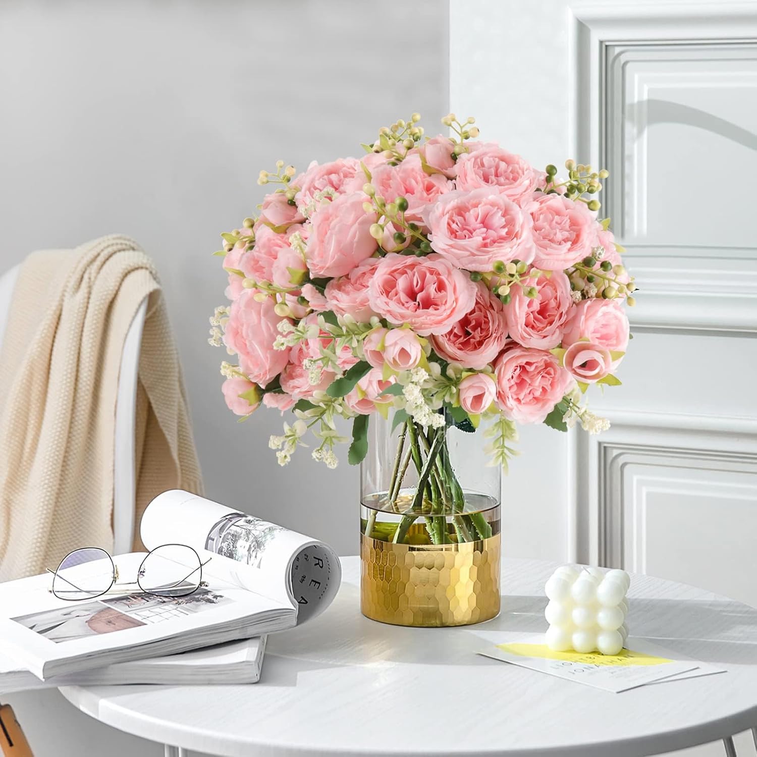 Pusuny Light Pink Artificial Peony Bouquet 2 Bundles