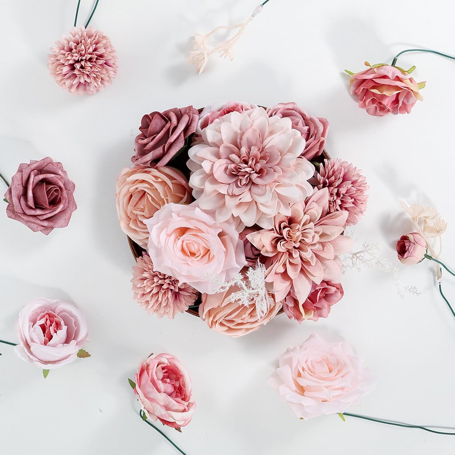 Dusty Pink Artificial Roses with Stems Bouquet Set