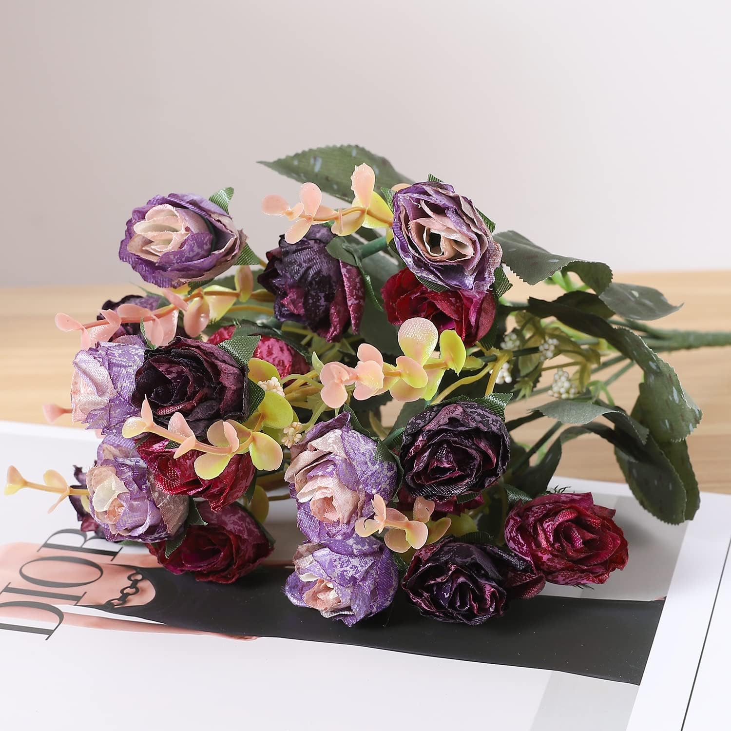 Duovlo 7 Stem 21 Mini Rose Artificial Flower Bouquet Pack of 2 Purple