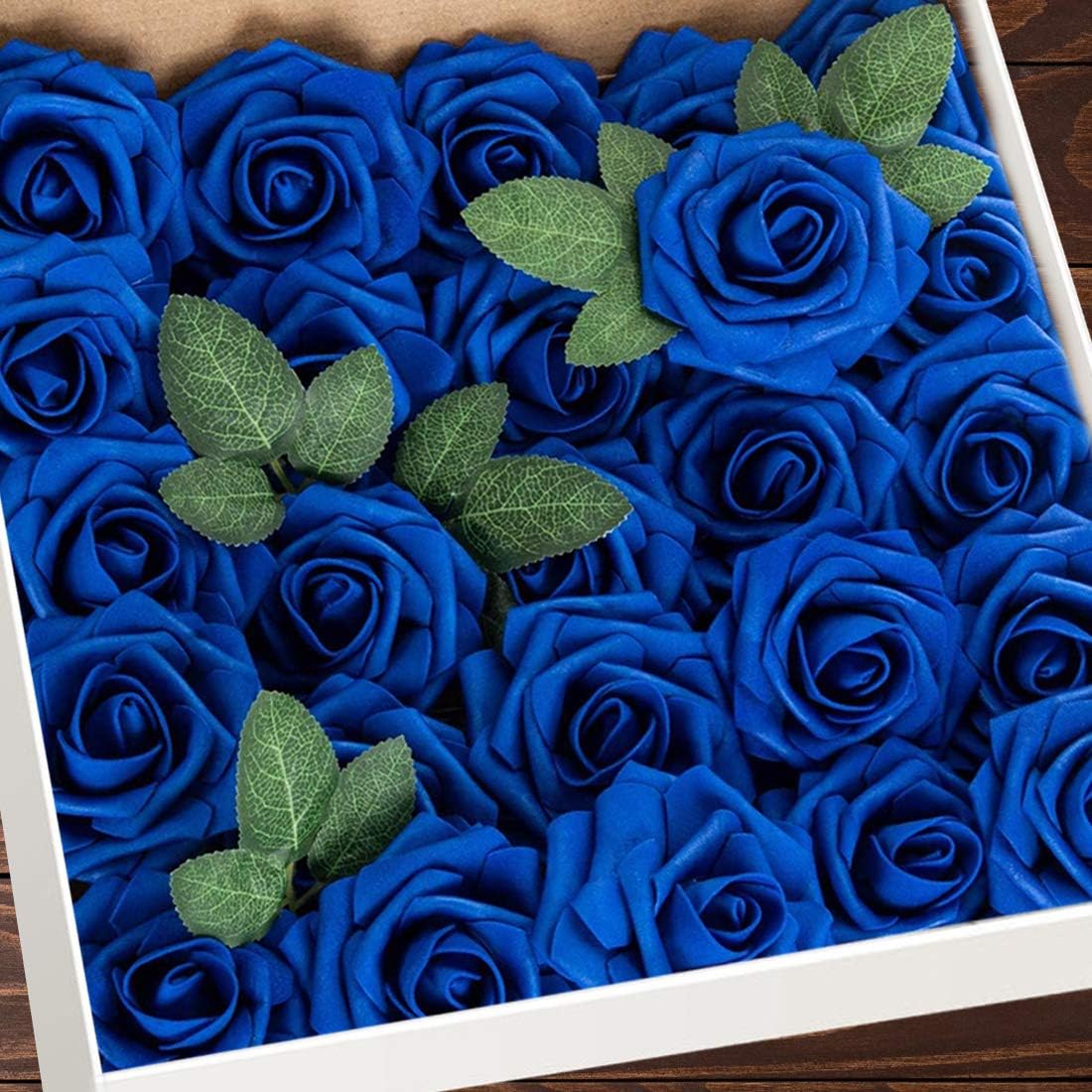 Higfra 25Pc Royal Blue Foam Fake Roses with Stems