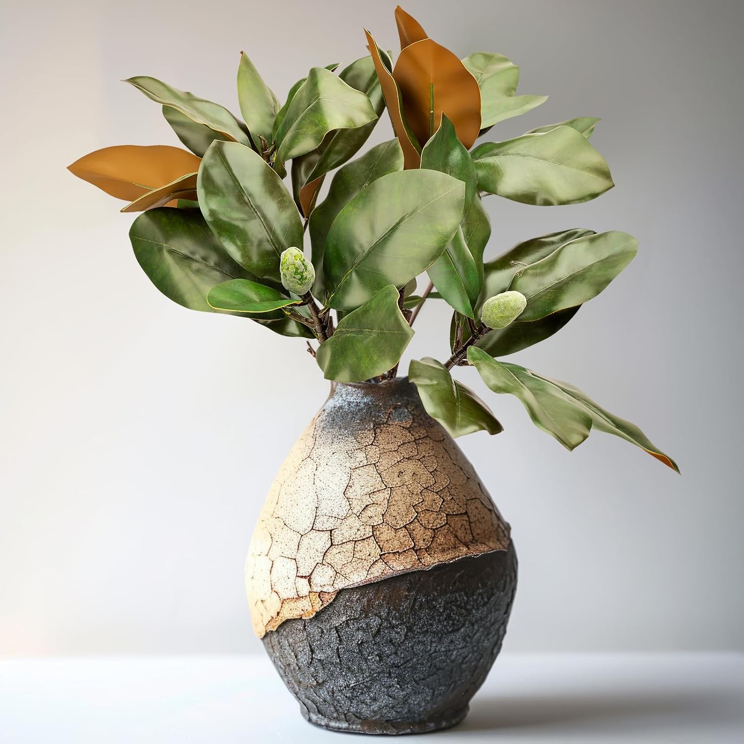 2 Pcs Magnolia Artificial Leaves Branches with Fruit 32 Inch 3D Real Touch