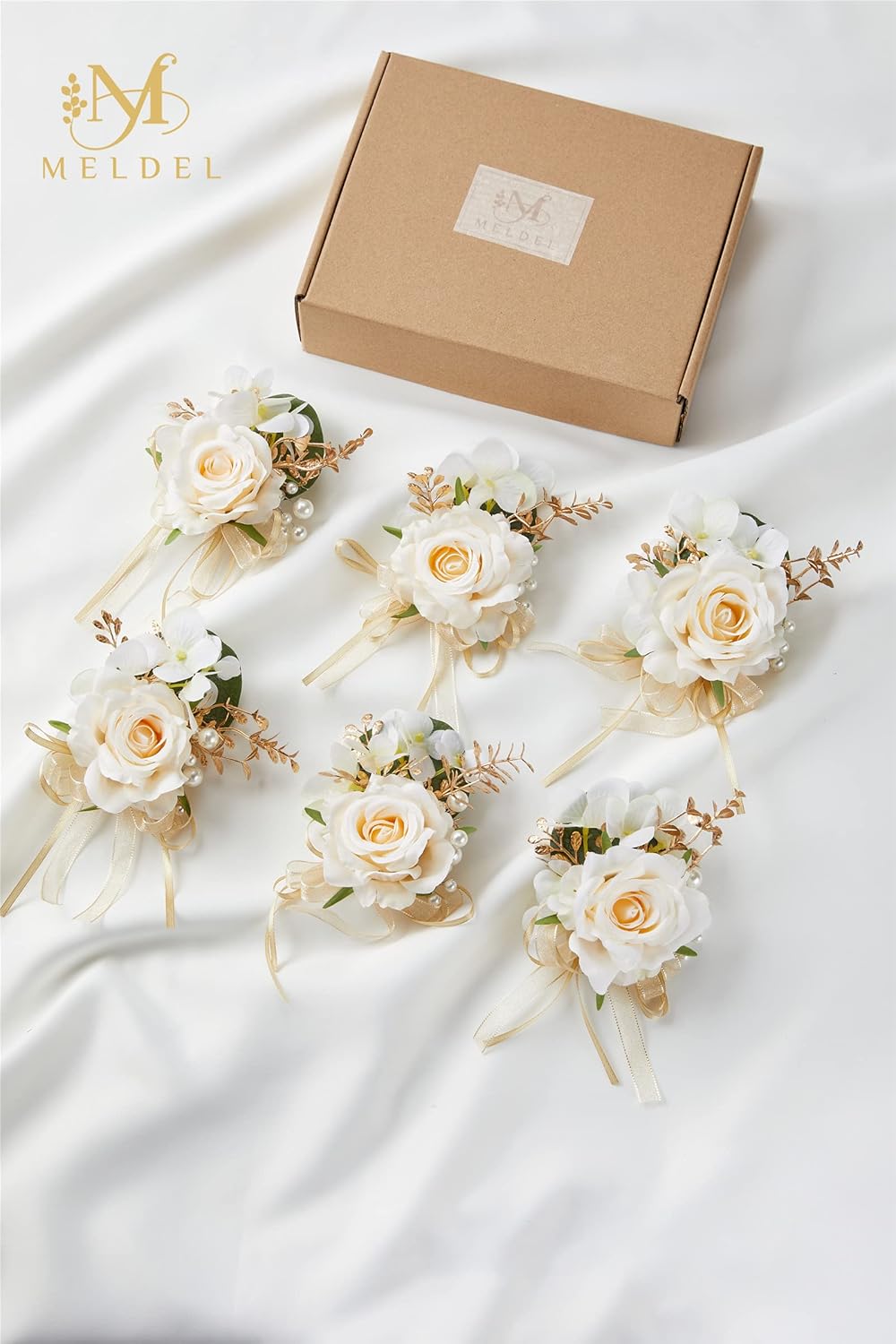 Meldel Artificial Champagne Rose Wrist Corsage Set of 6