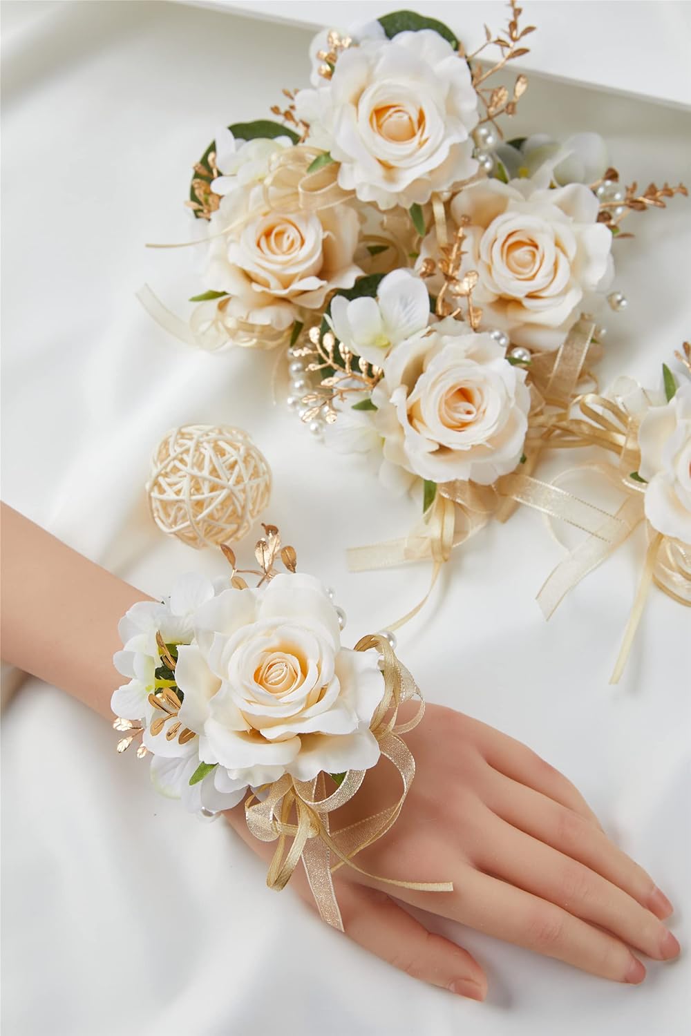 Meldel Artificial Champagne Rose Wrist Corsage Set of 6