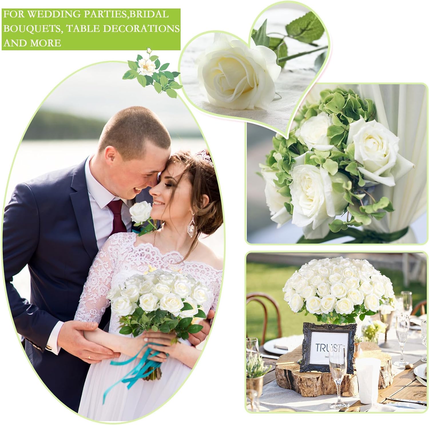 Hananona 50 Pcs Artificial Roses White Bulk