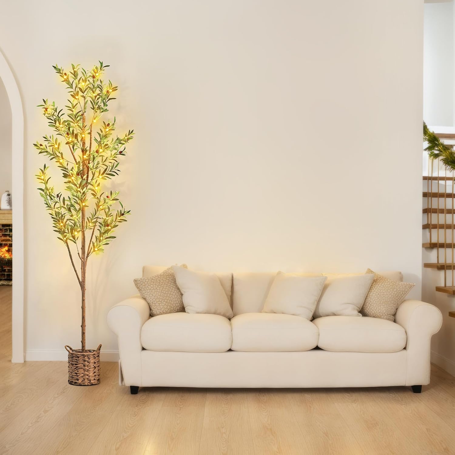 6ft Artificial Olive Tree with LED Lights and Woven Basket