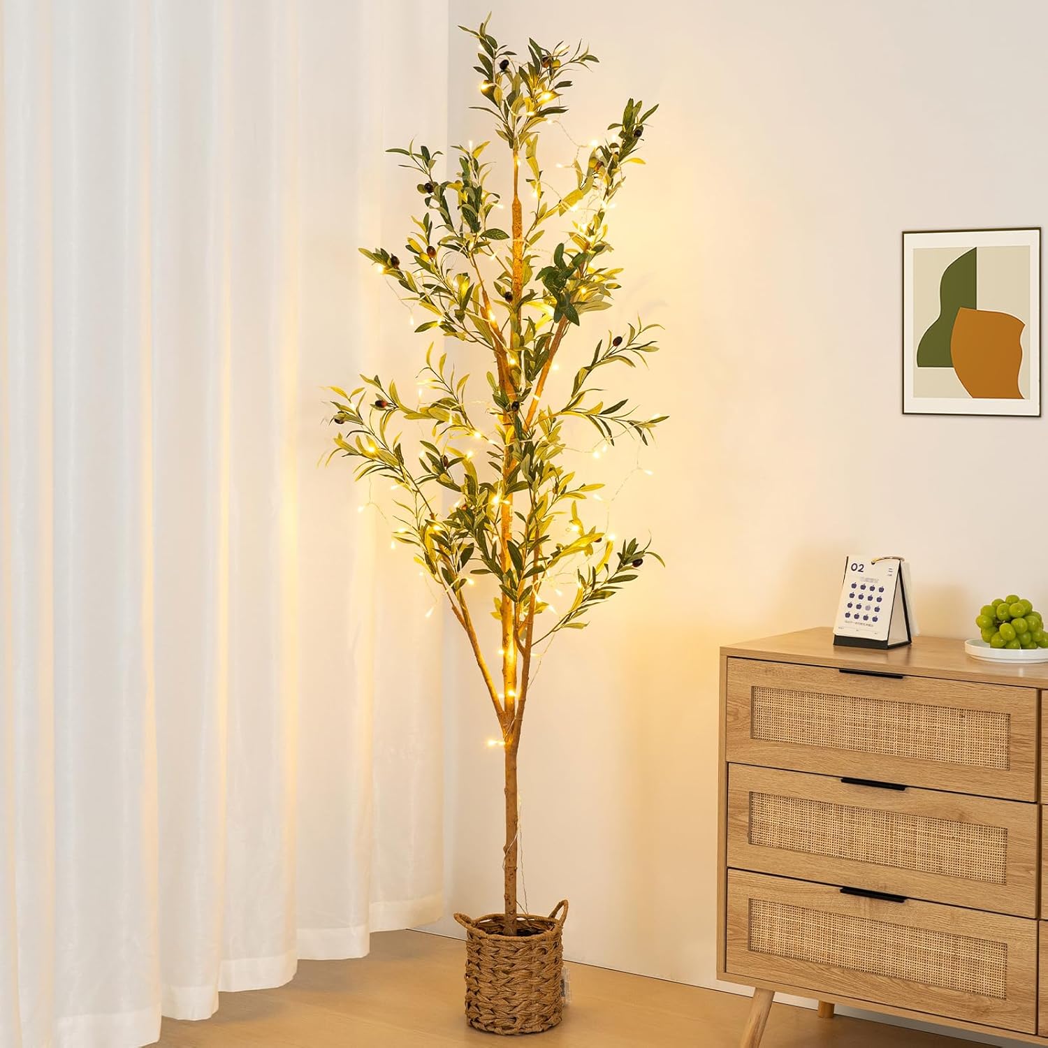 6ft Artificial Olive Tree with LED Lights and Woven Basket