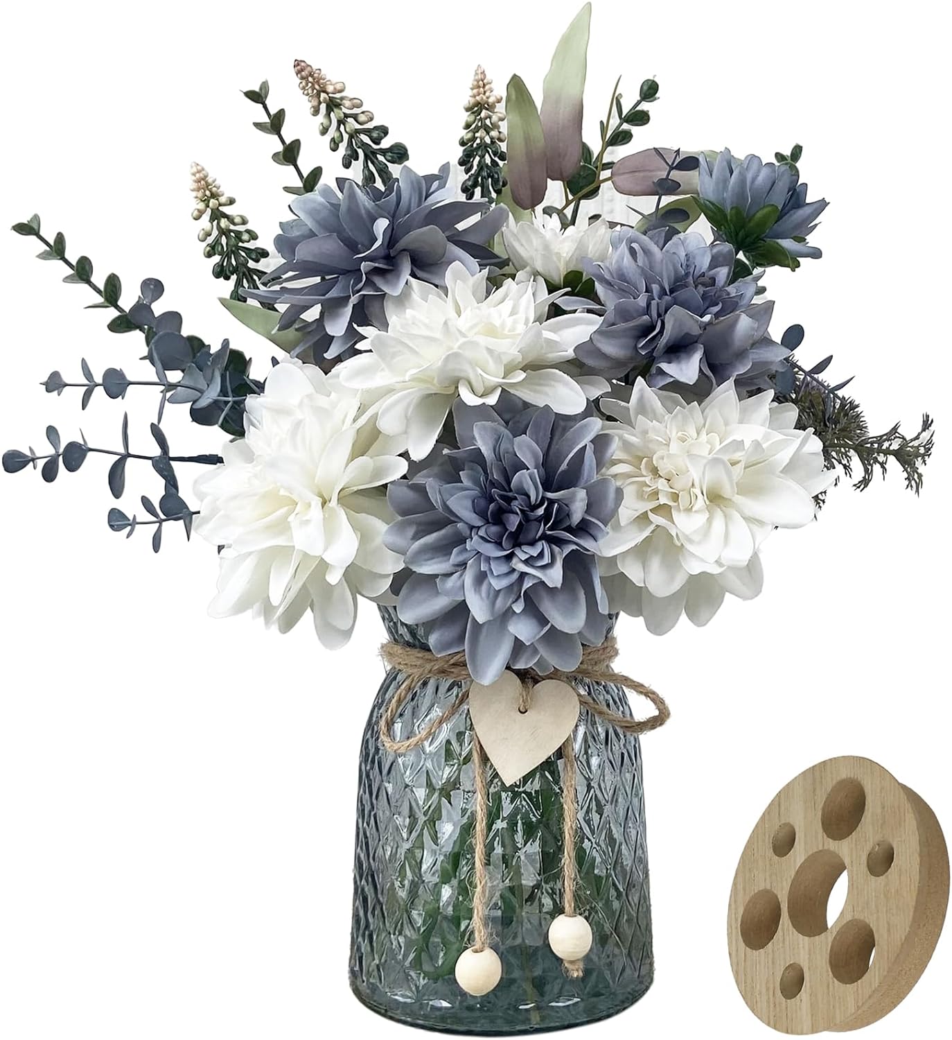 8 Blue and White Artificial Dahlias in Vase with Holder