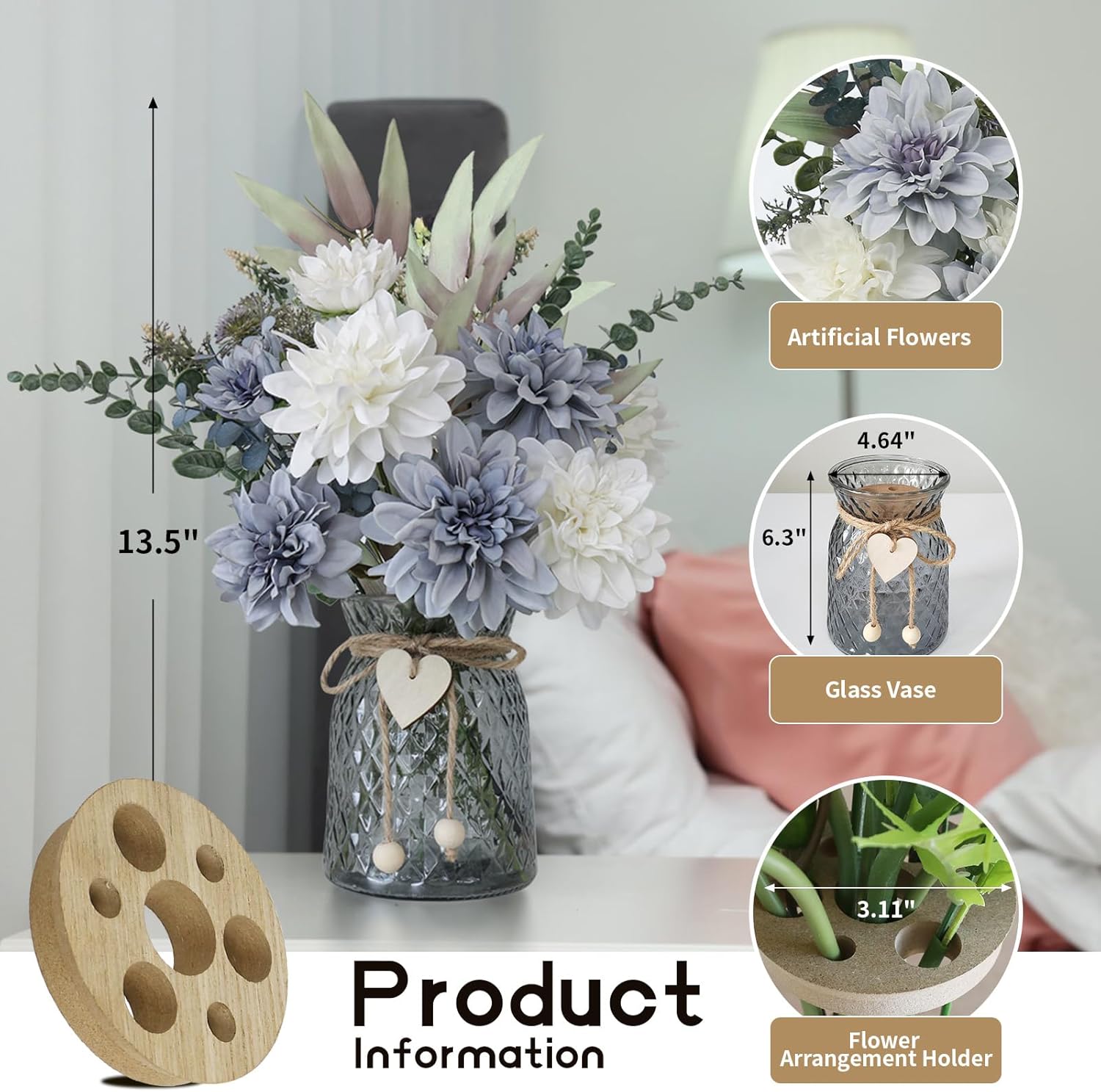 8 Blue and White Artificial Dahlias in Vase with Holder