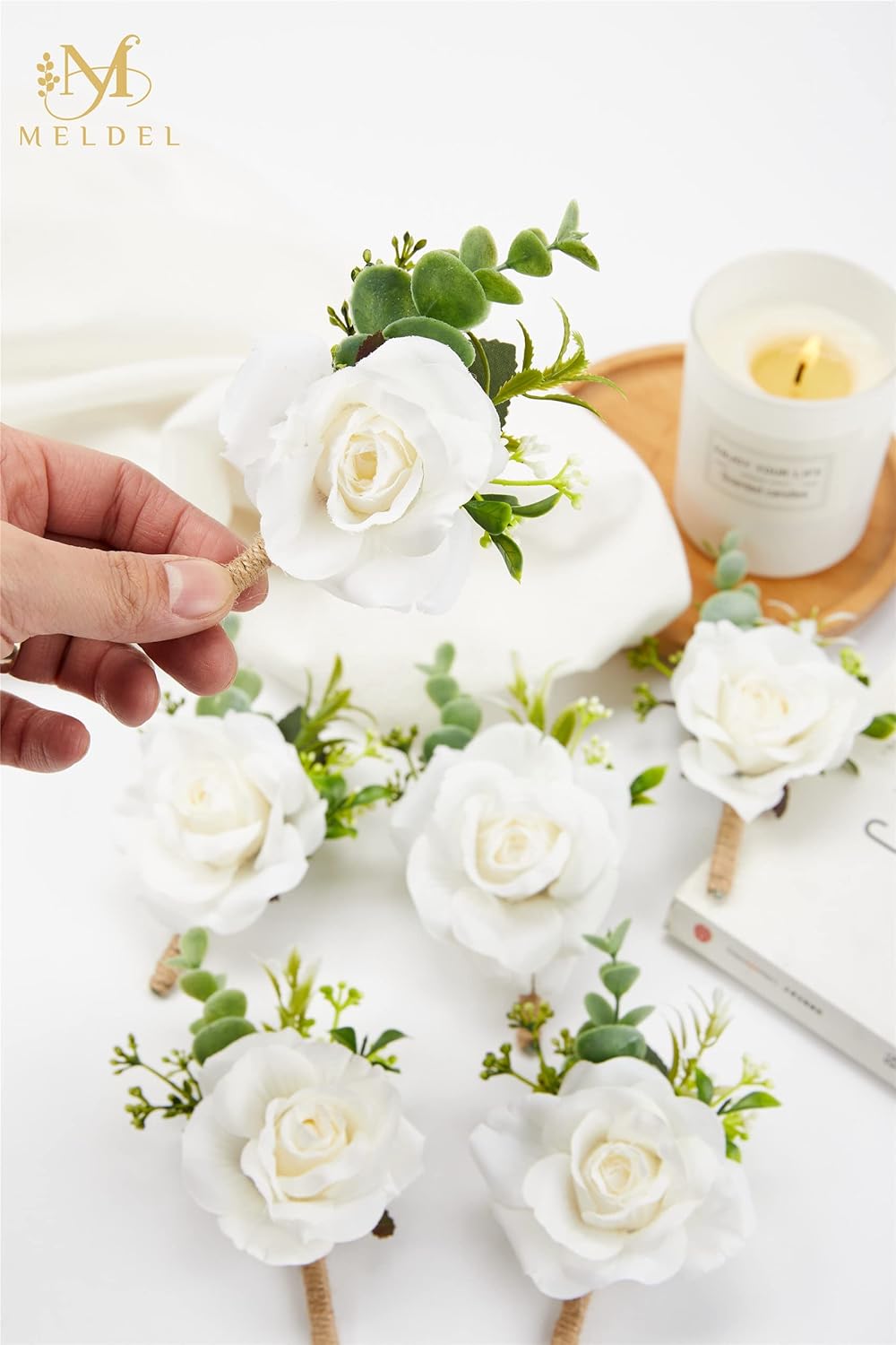 Meldel Ivory Rose Boutonniere Set of 6 for Men 1