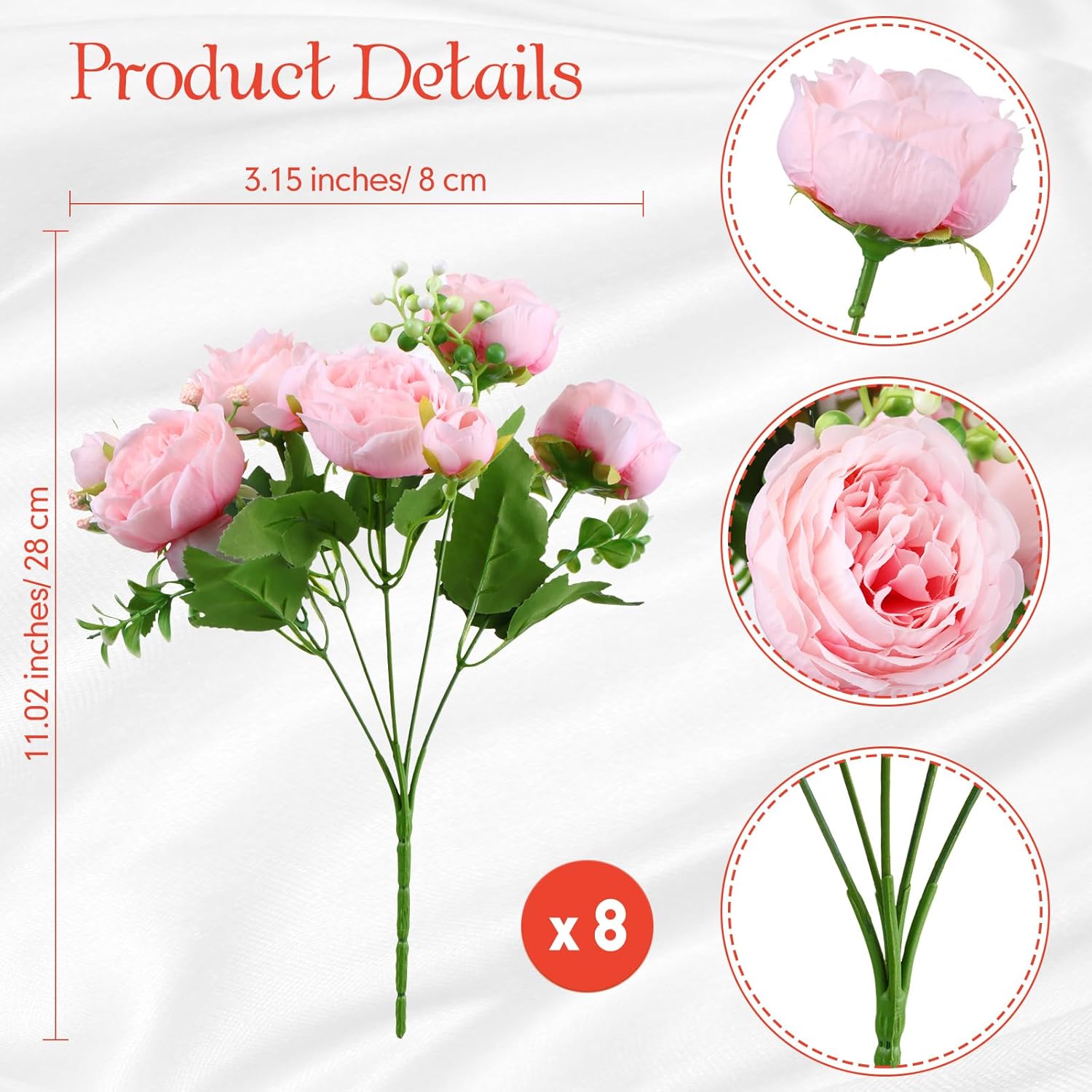 Geosar 8 Bundle Artificial Pink Peonies Flowers