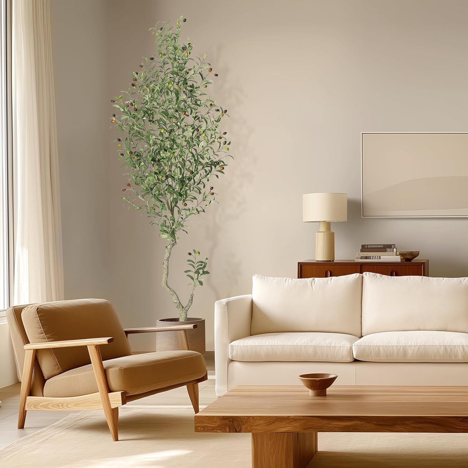GarveeHome Faux Olive Tree 7ft Artificial Silk Plants with White Planter