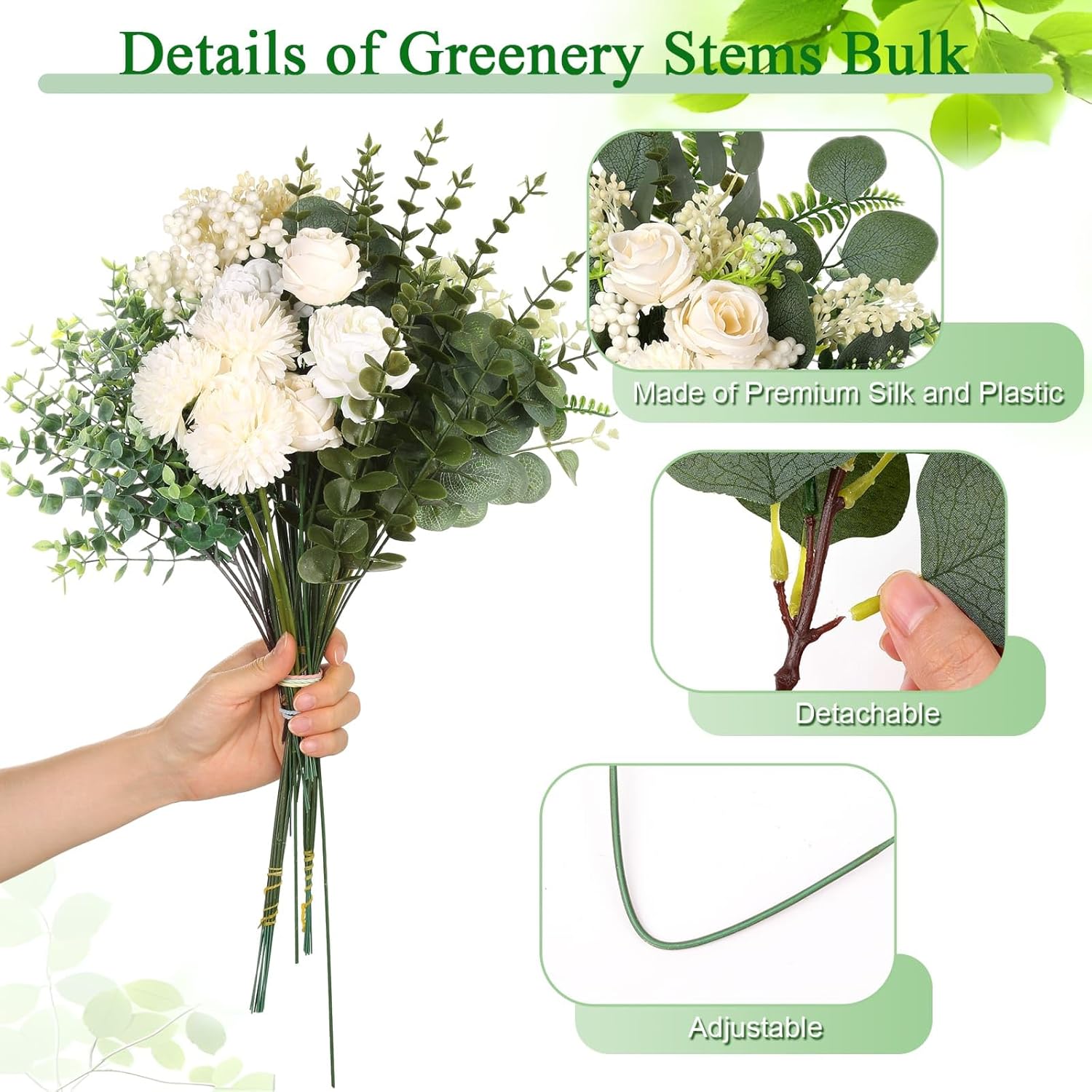 120 Pcs Mixed Artificial Eucalyptus Stems and Flowers Bundle