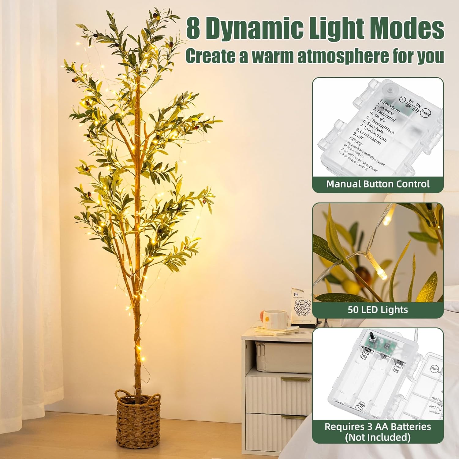 6ft Artificial Olive Tree with LED Lights and Woven Basket