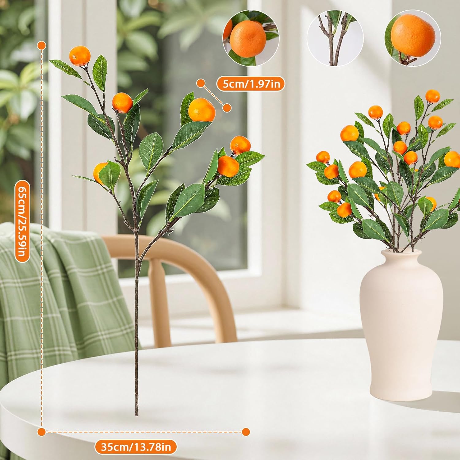 3Pcs Artificial Orange Branches with Realistic Fruits and Green Leaves