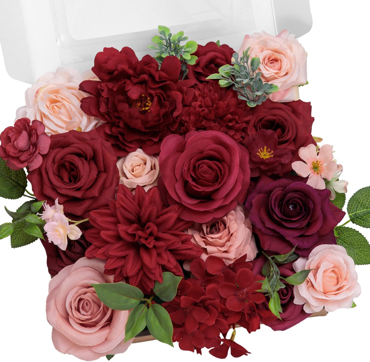 TINGE TIME Burgundy Silk Roses and Dahlias Artificial Flower Set