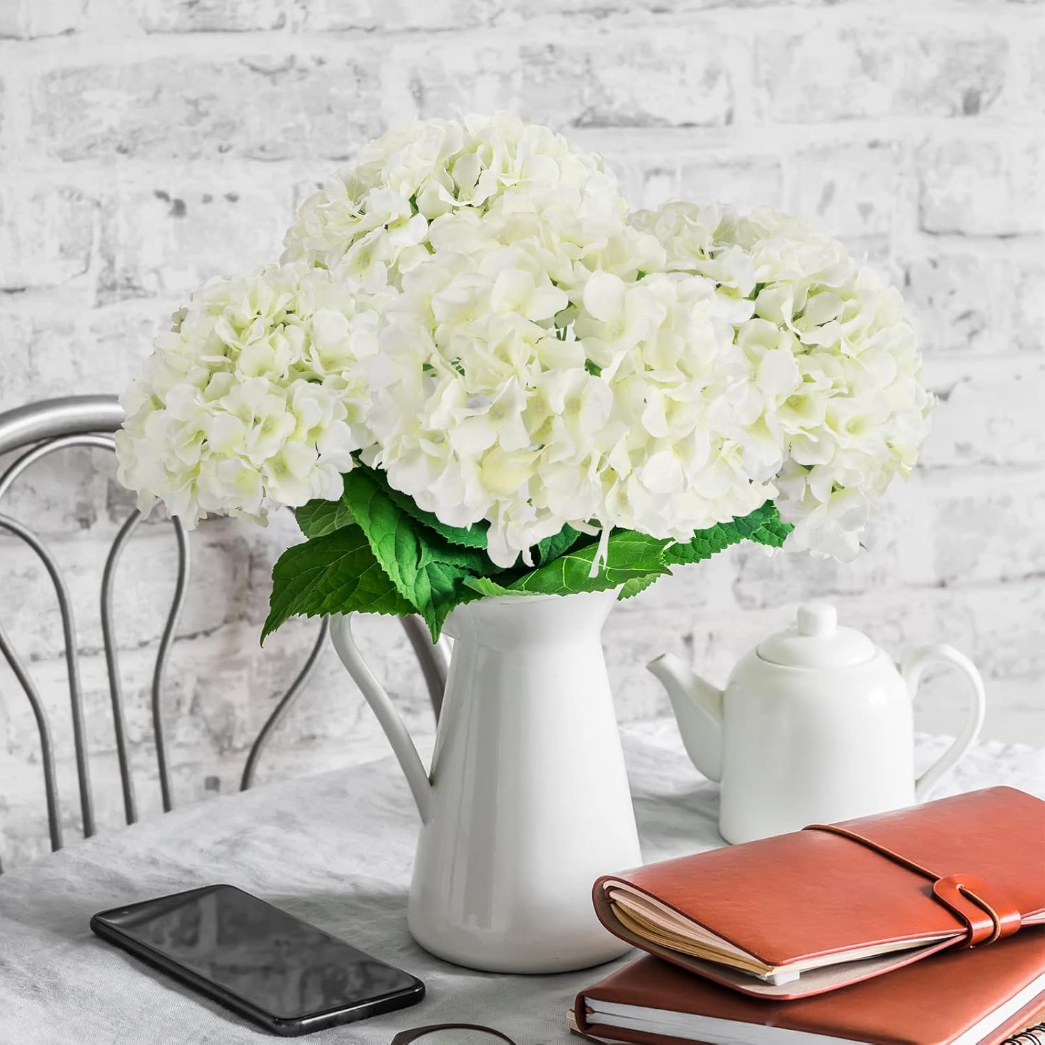 JPSOR 40pcs Artificial Hydrangea Flower Heads with Stems White