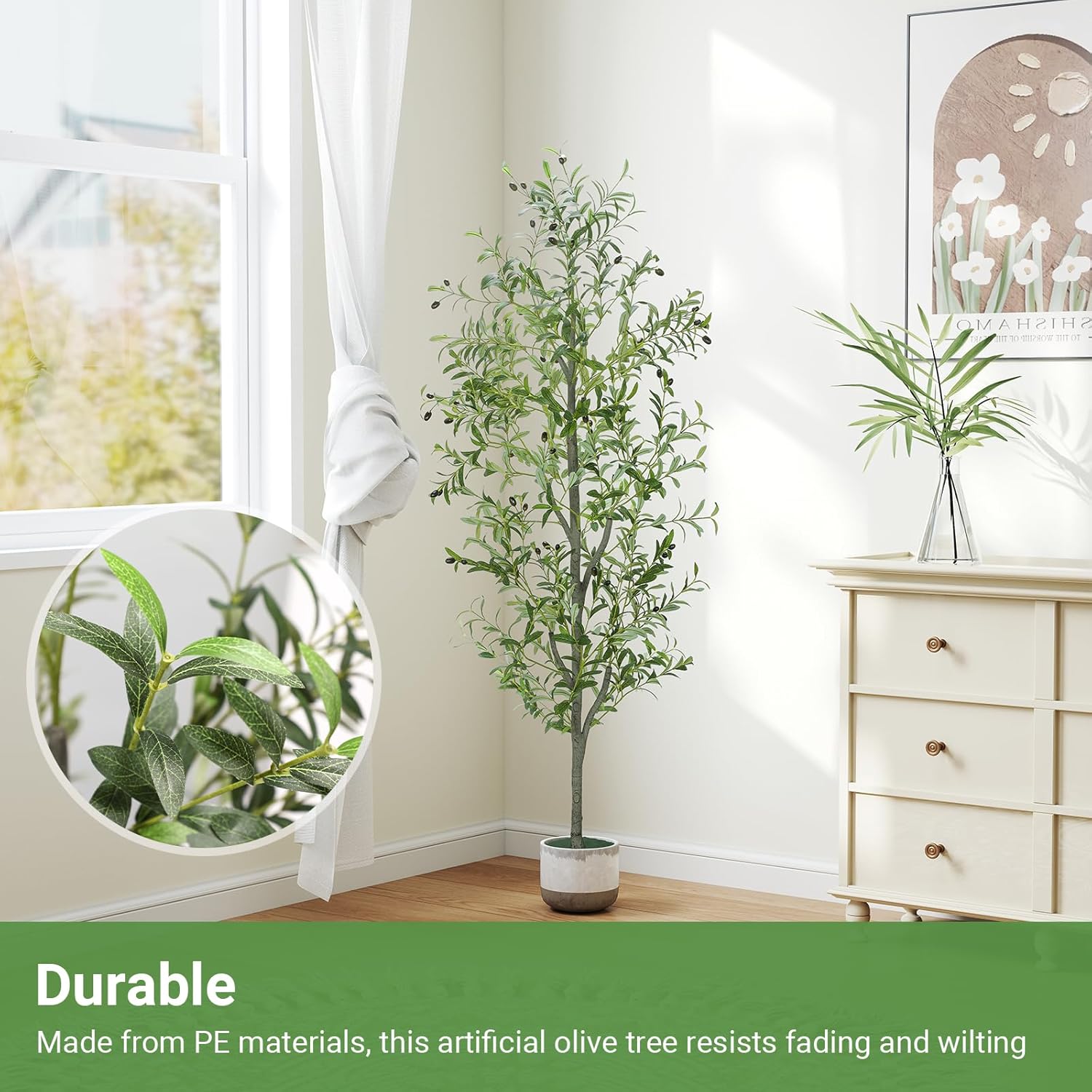 Liyarya 6FT Artificial Olive Tree with Wicker Basket and Black Pot