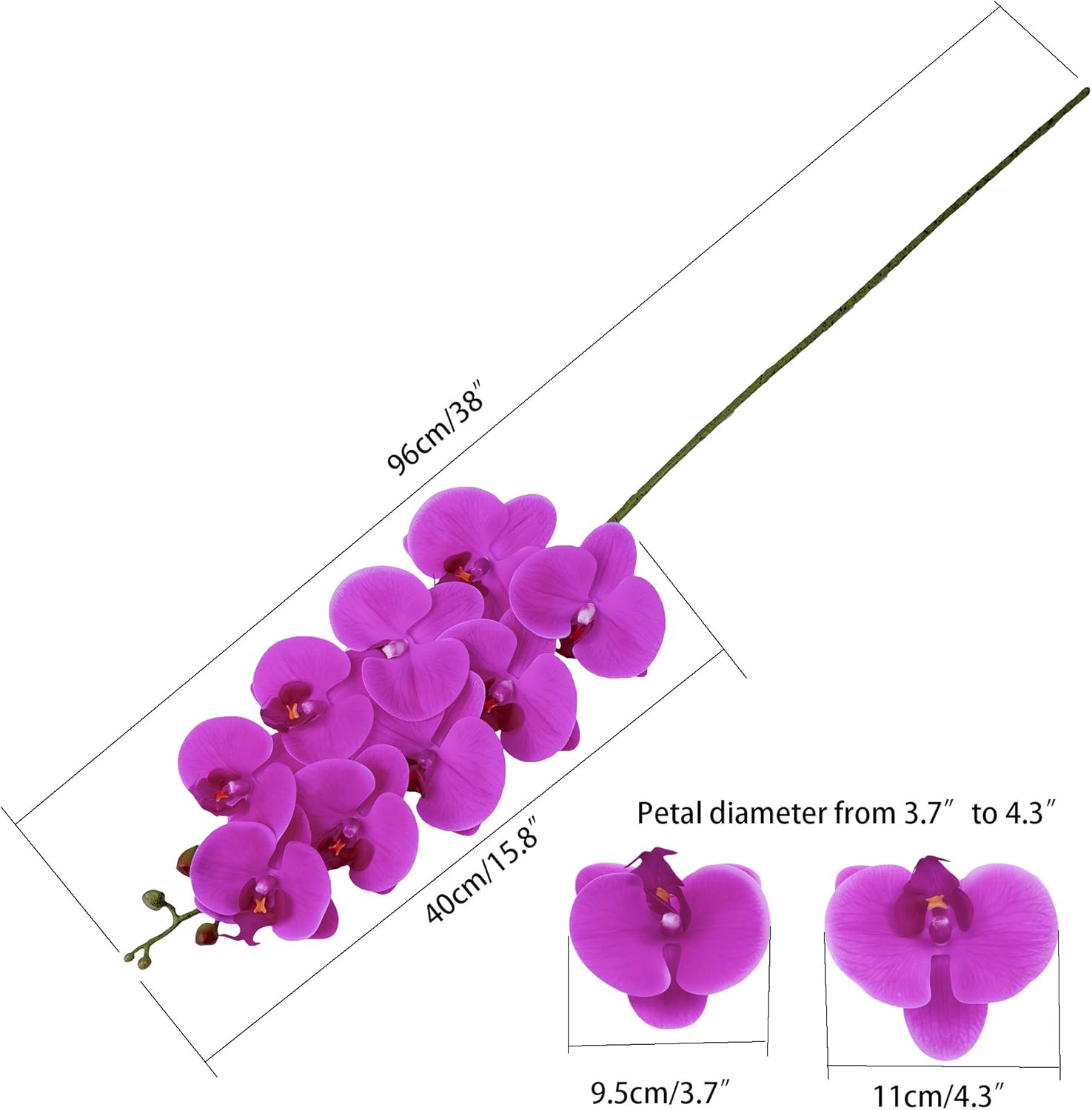 Fnize Artificial Orchid Stems with 9 Large Petals 38 Inches 2pcs Rose Red