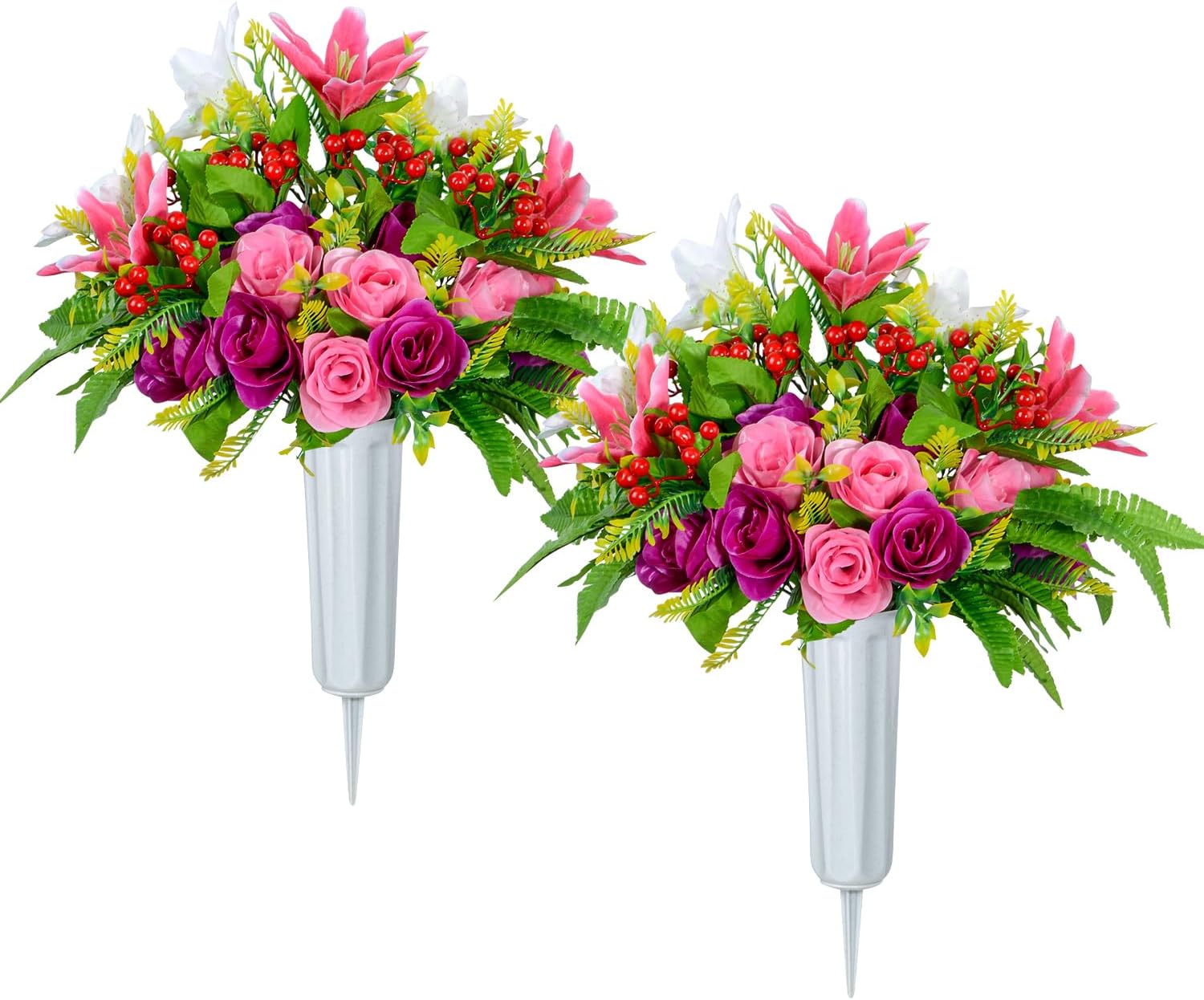 XONOR Artificial Cemetery Flowers with Vase Set of 2