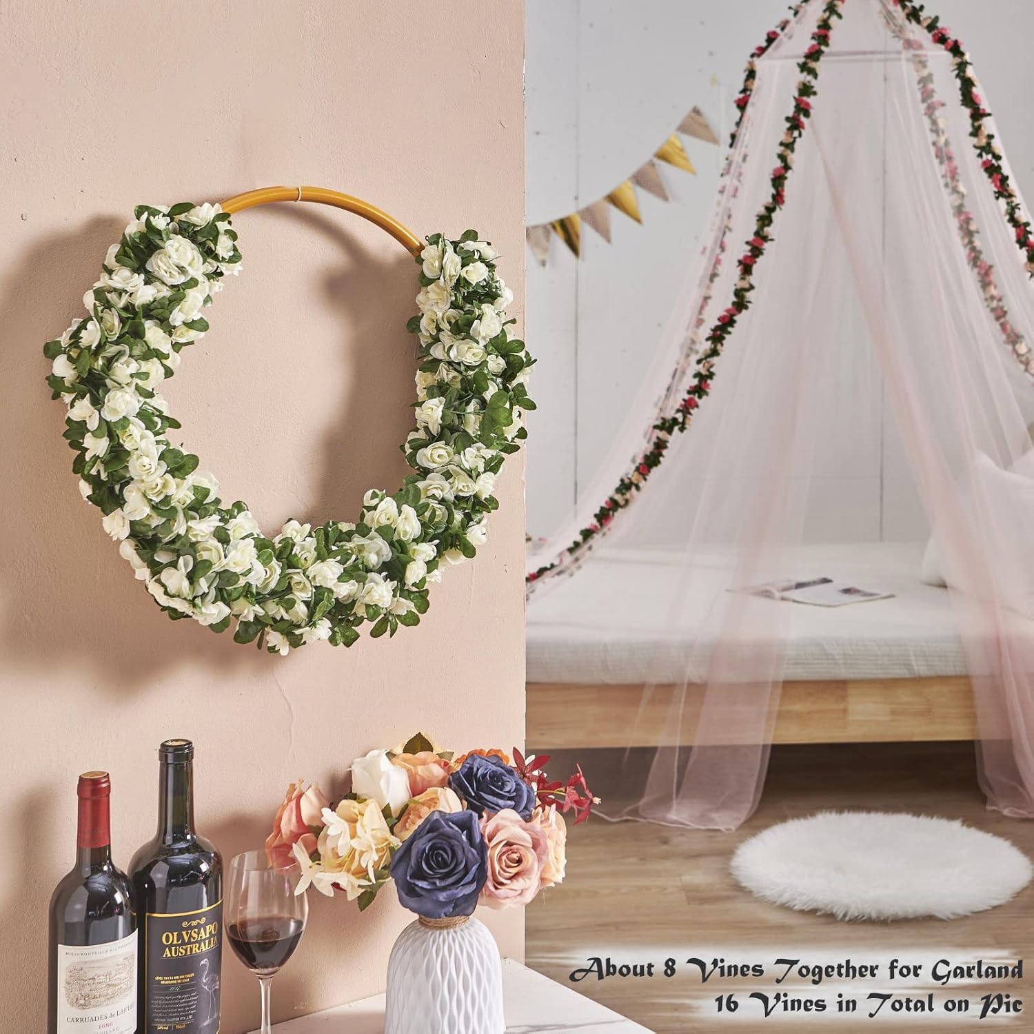 8 Pcs 66FT Artificial Rose Vine Garland with Green Leaves