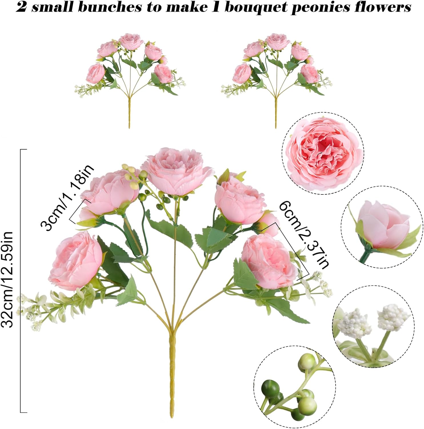 Pusuny Light Pink Artificial Peony Bouquet 2 Bundles