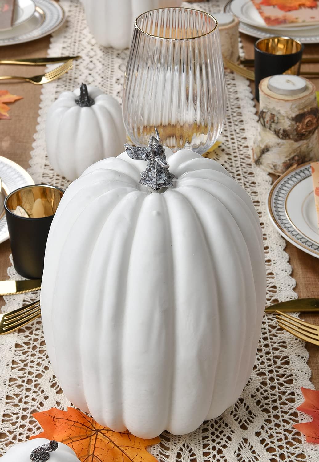 DearHouse 7Pcs Artificial White Pumpkin Fall Decor Set