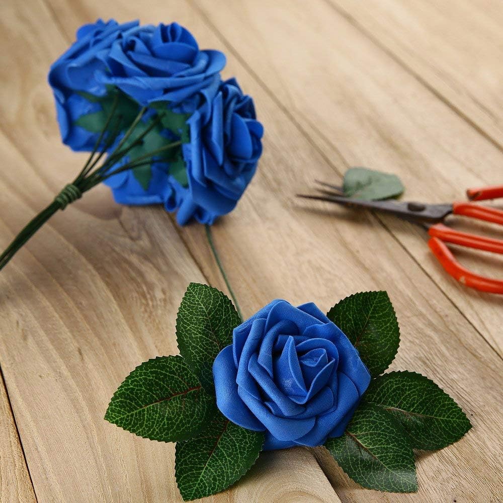 Higfra 25Pc Royal Blue Foam Fake Roses with Stems