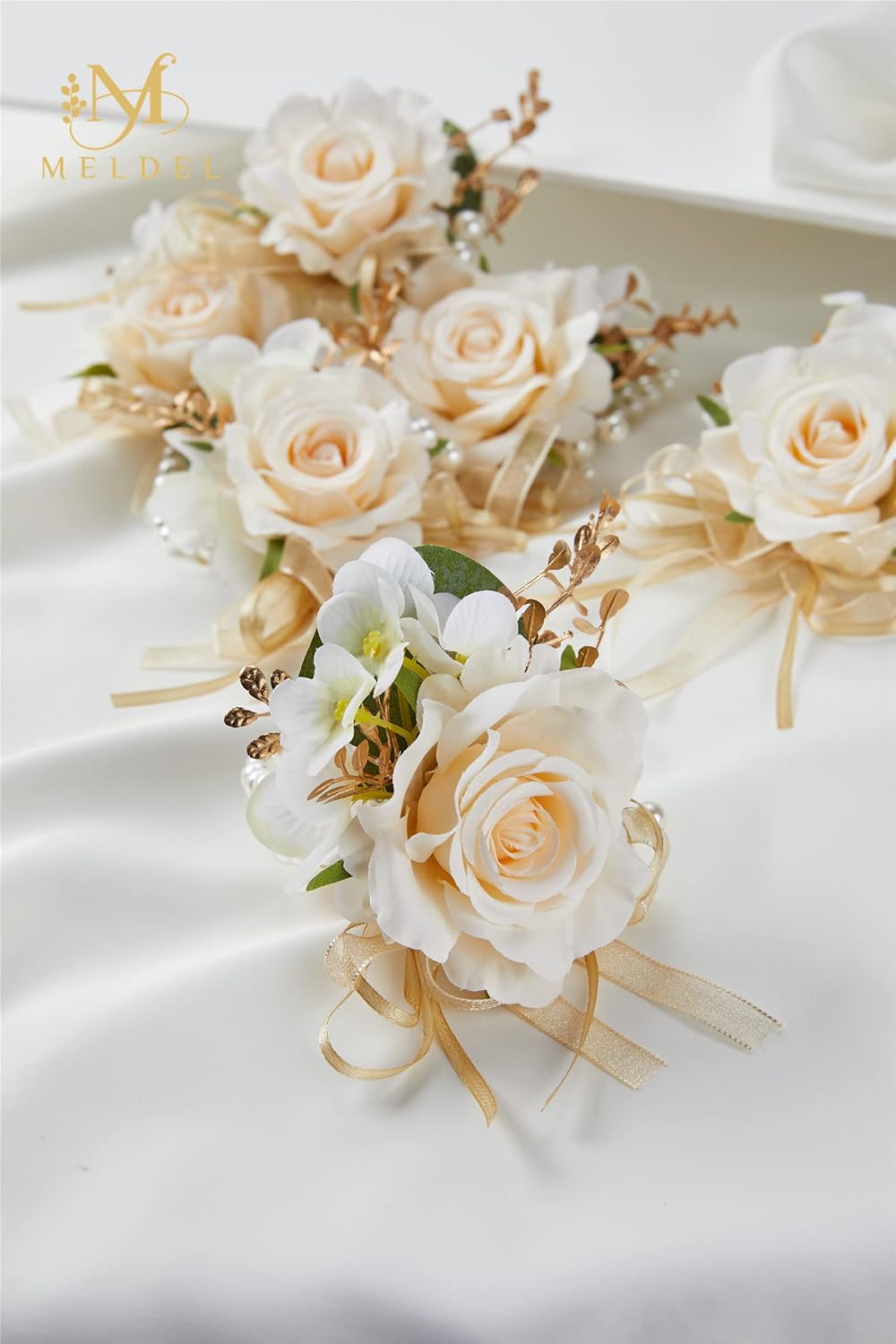 Meldel Artificial Champagne Rose Wrist Corsage Set of 6