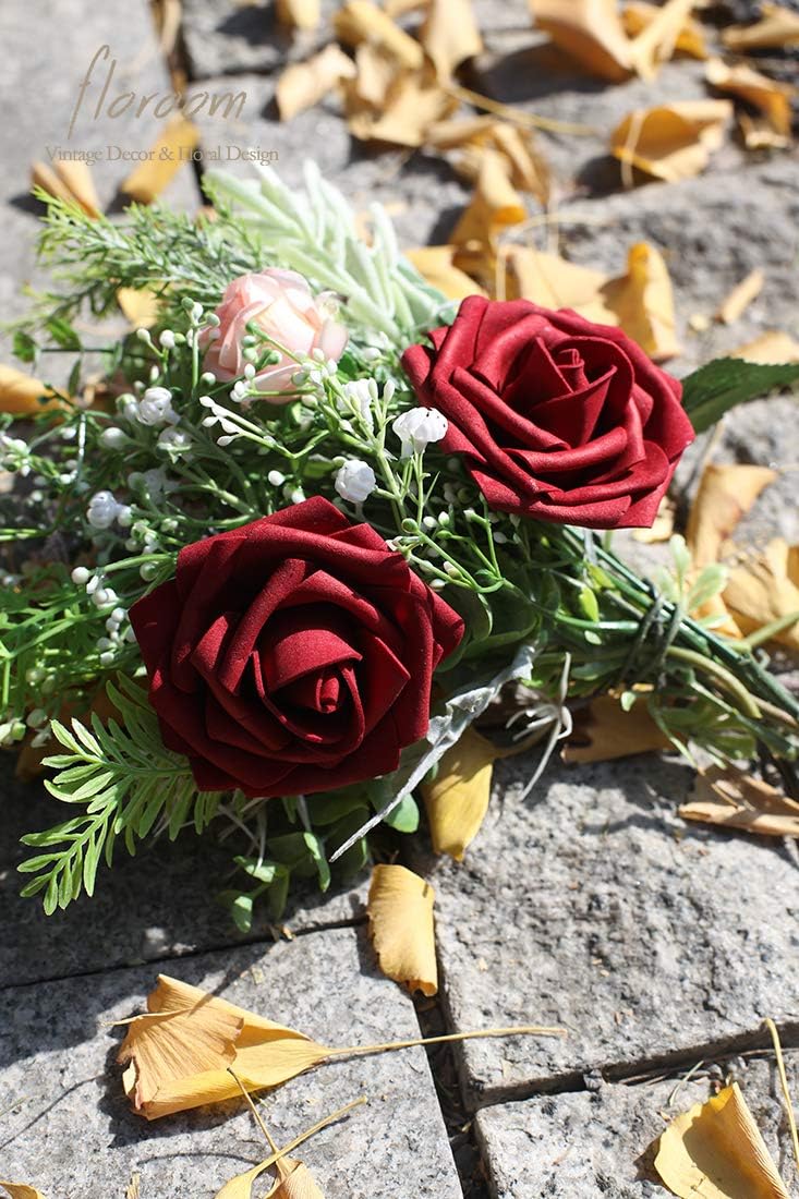 Floroom Artificial Flowers 25pcs Real-Looking Burgundy Foam Fake Roses with Stems