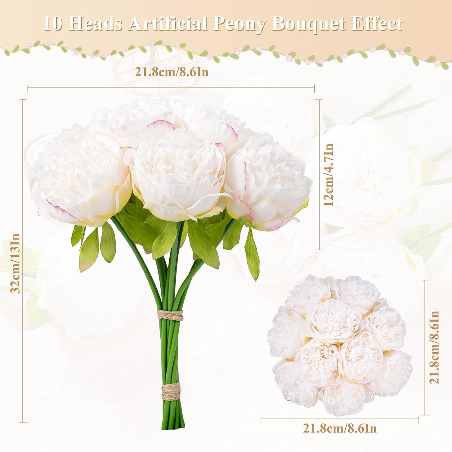 UArtlines 2 Bouquet 10 Heads Artificial Peony Decor Cream White
