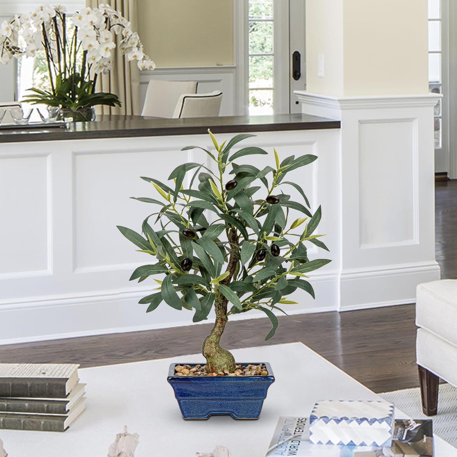 Briful 18 Inch Artificial Olive Tree with Blue Bonsai Pot