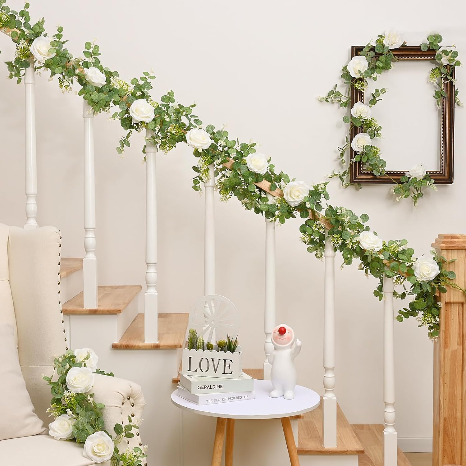 Dolicer Artificial Eucalyptus Garland with Flowers 2Pcs 13Ft White