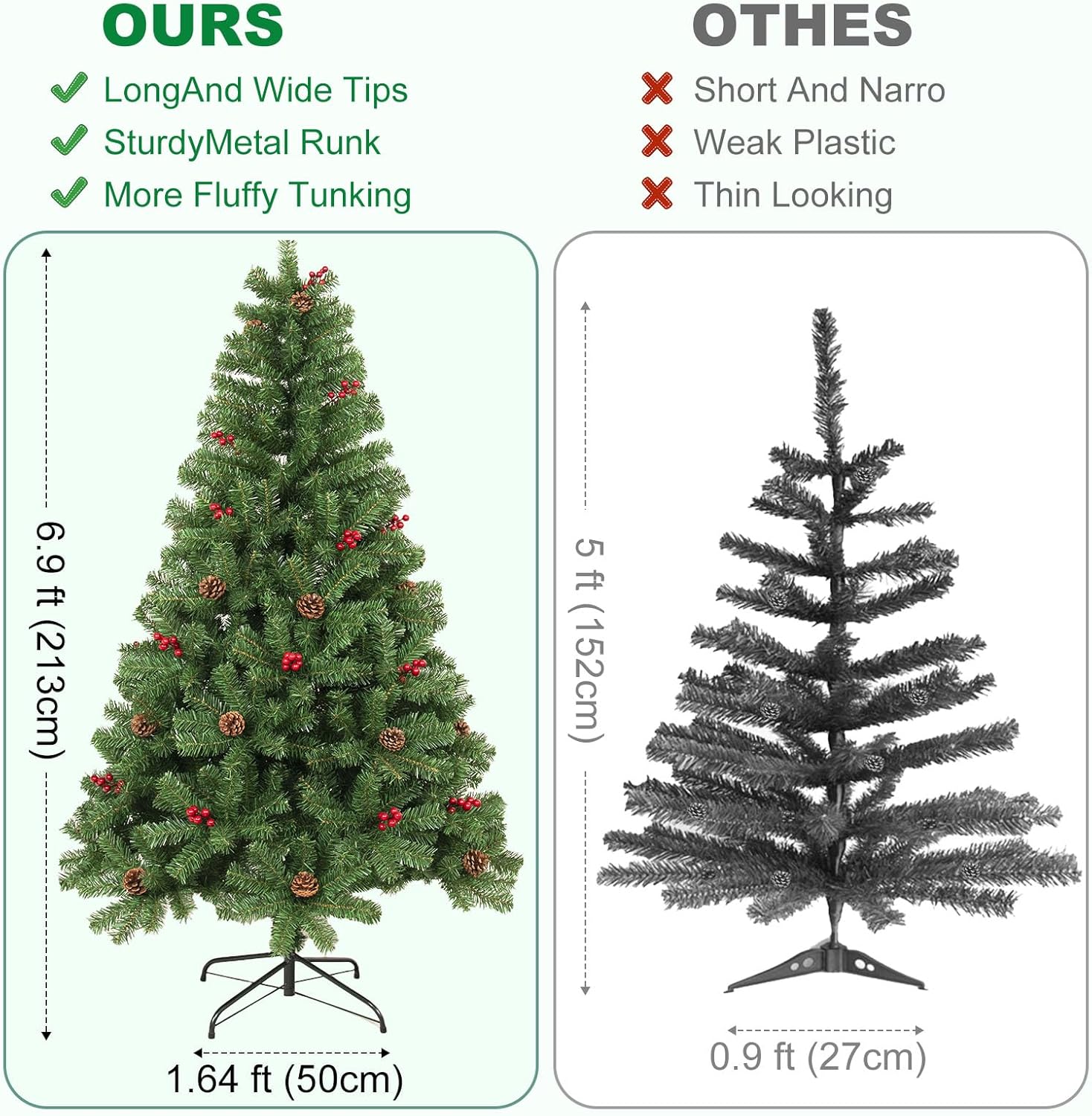 7FT Artificial Christmas Tree with Pine Cone and Red Fruit Foldable Metal Stand