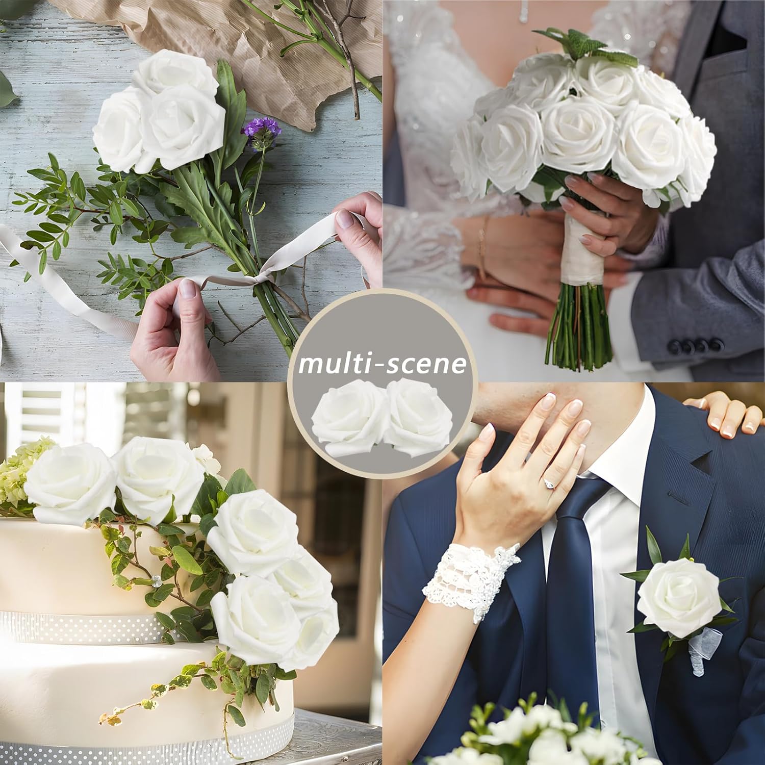White Roses Artificial Flowers 100PCS for Wedding Decor