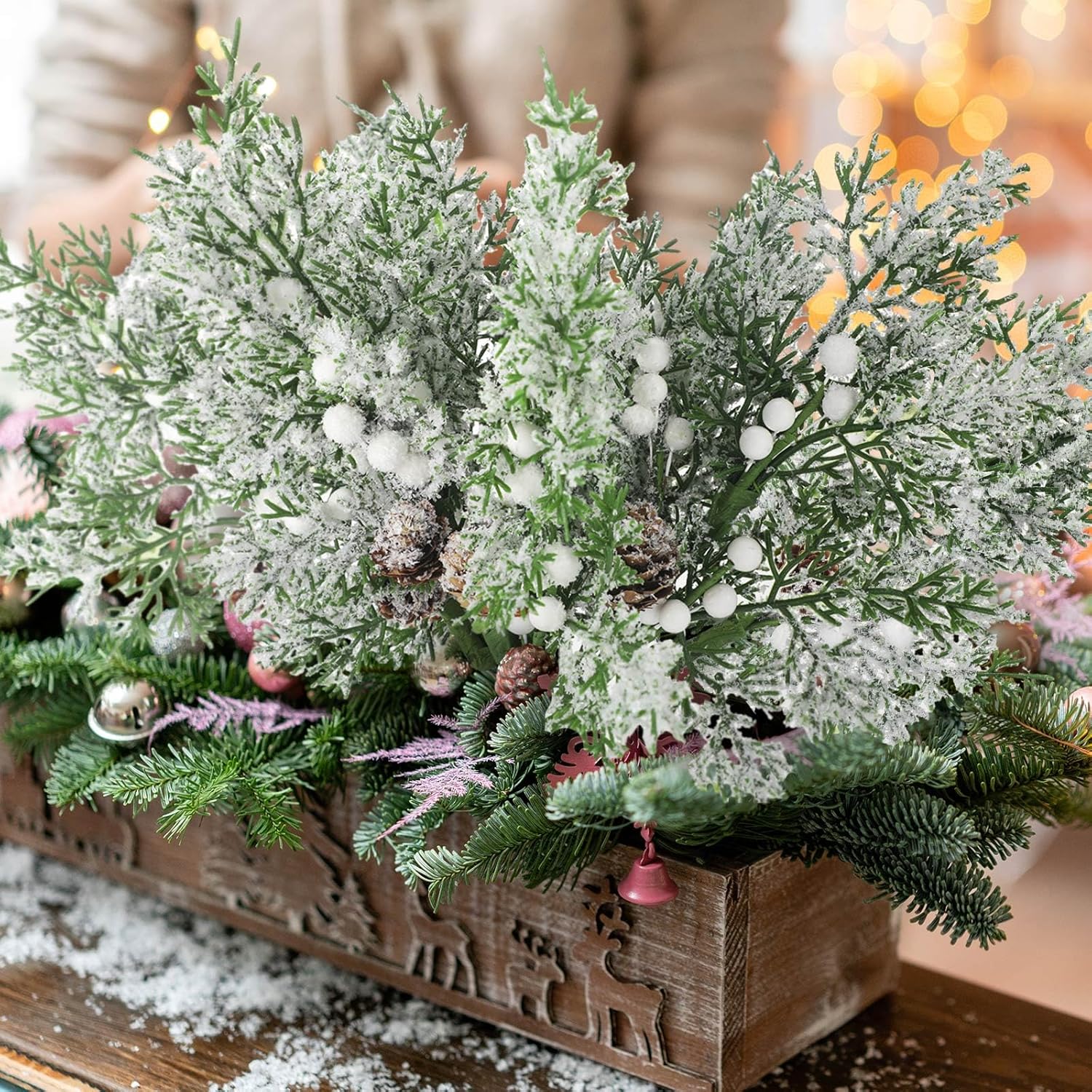 Lyrow 24 Pcs White Berry Christmas Artificial Cedar Branches with Snow