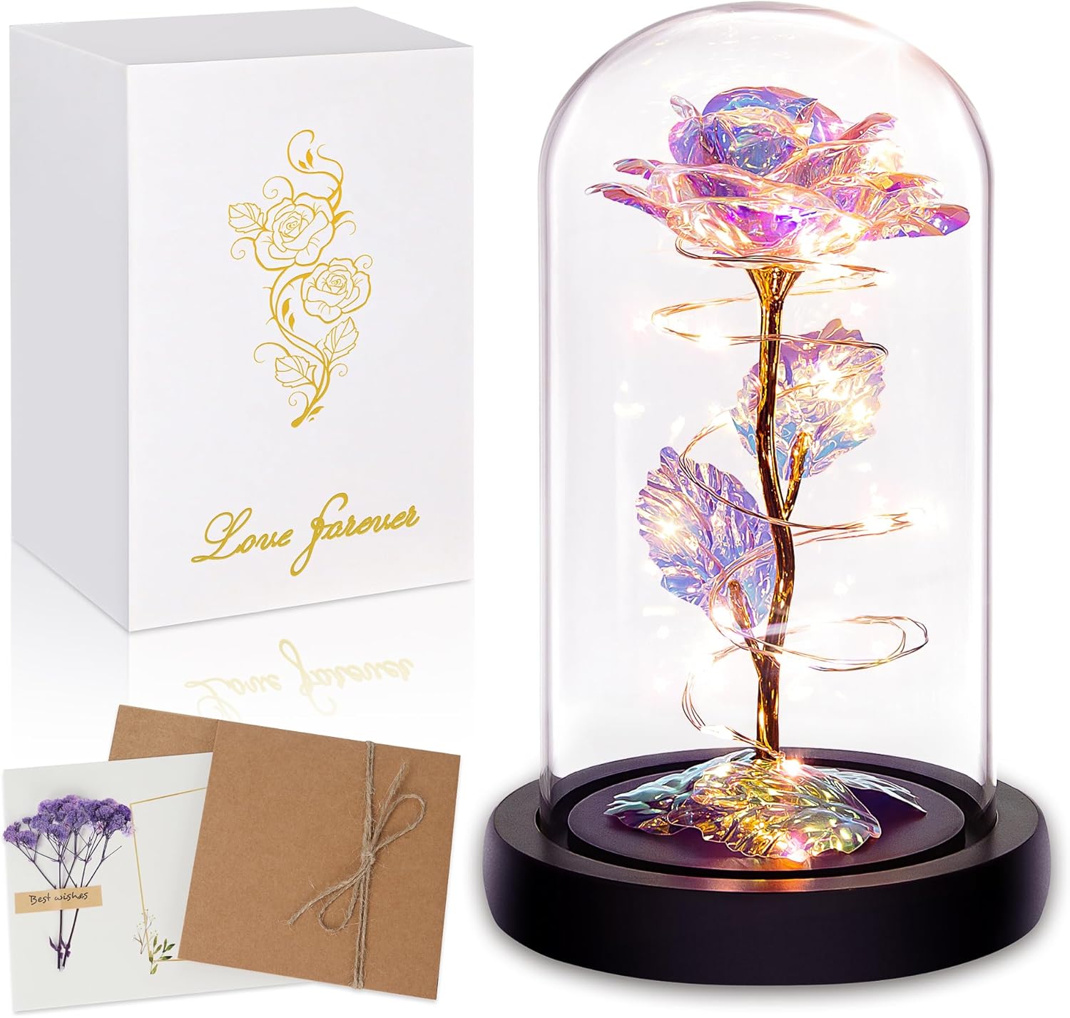 Light Up Rose in Glass Dome Birthday Gift for Her