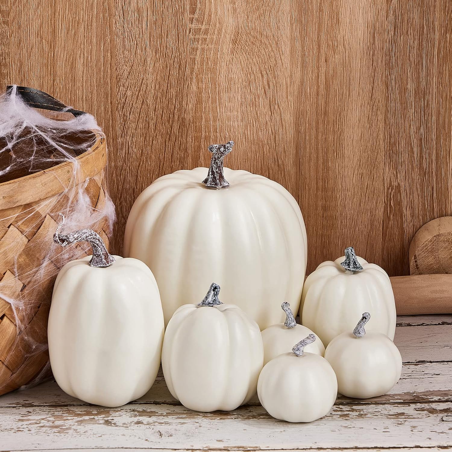 7Pcs Artificial White Pumpkins Halloween Decoration Set