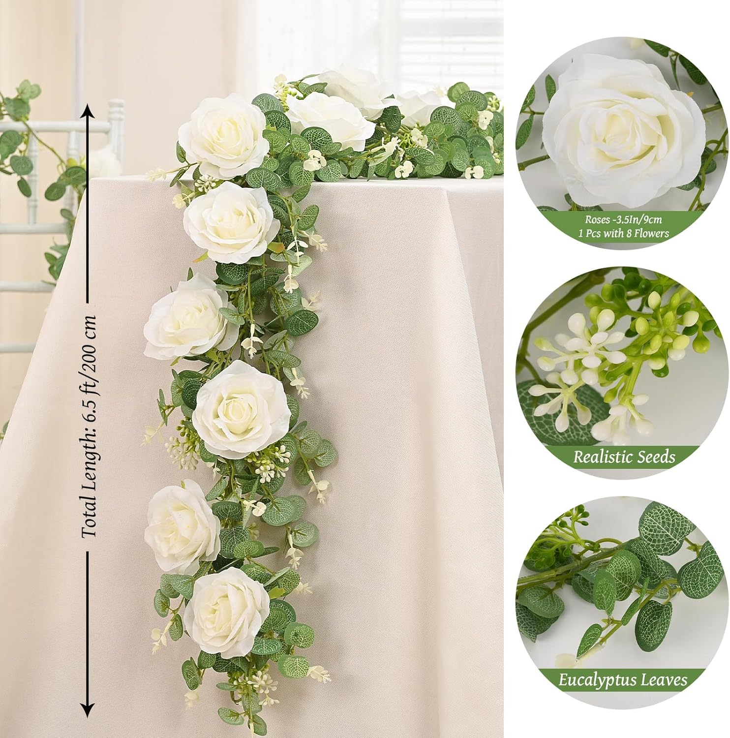 Dolicer Artificial Eucalyptus Garland with Flowers 2Pcs 13Ft White