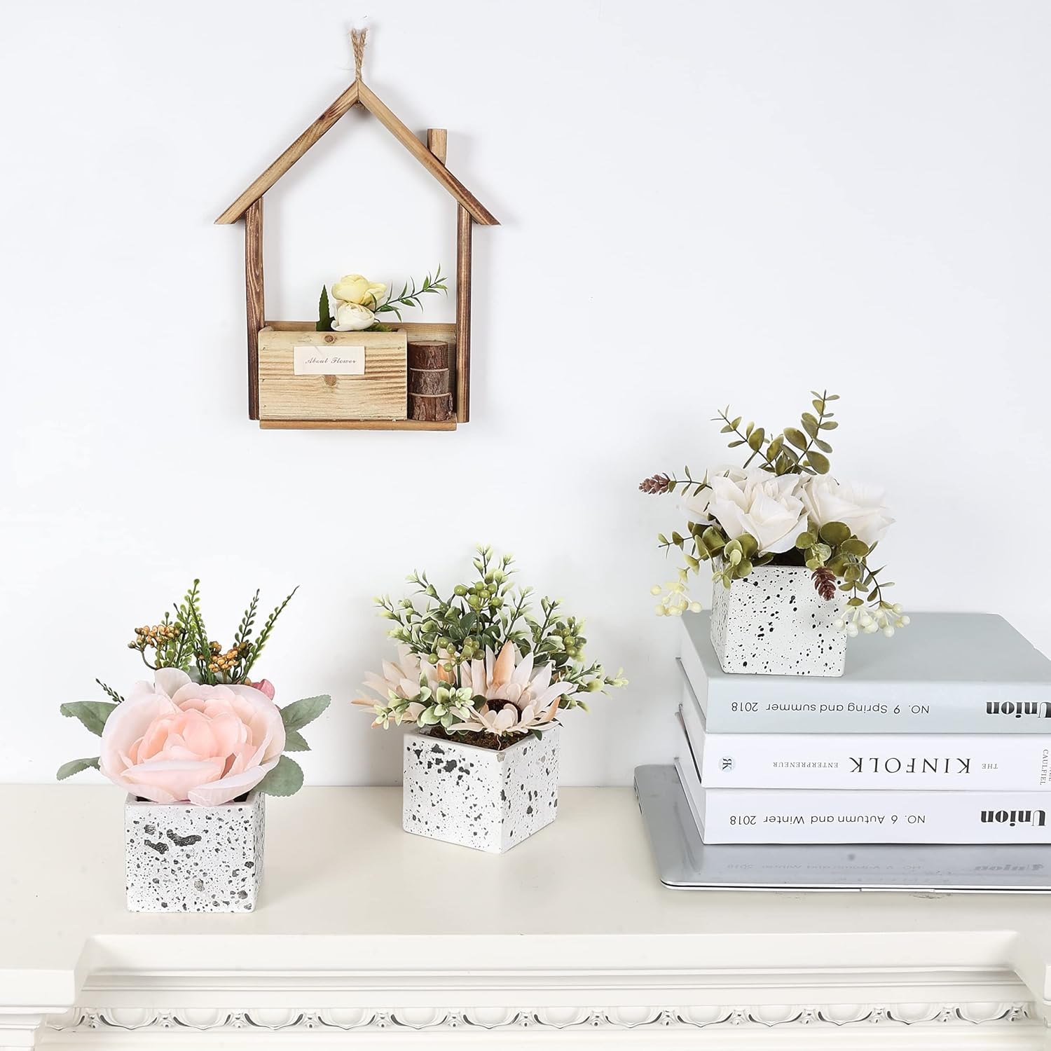 Jusdreen Artificial Flower Peony Eucalyptus Leaf Ceramic Pot Decor