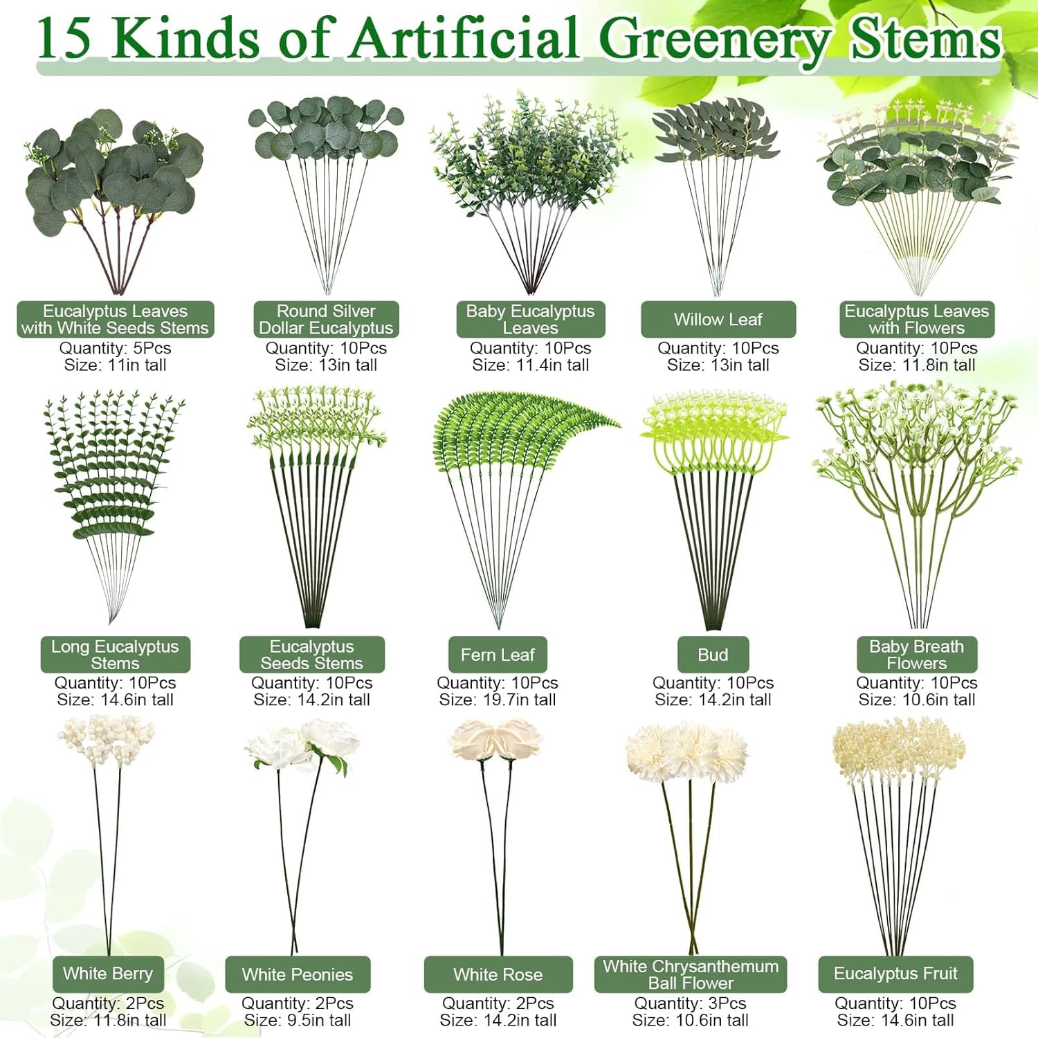 120 Pcs Mixed Artificial Eucalyptus Stems and Flowers Bundle