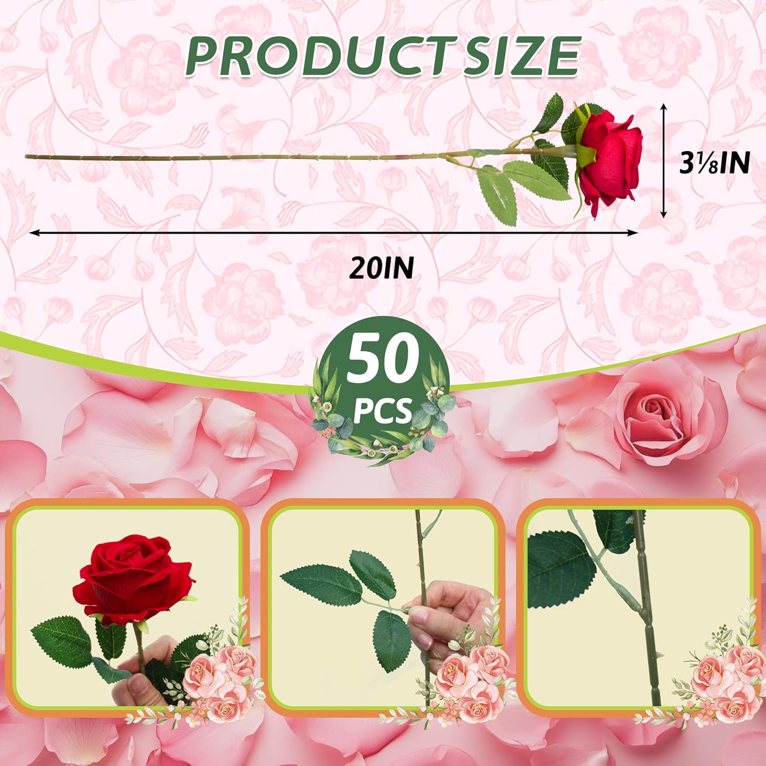 50PCS Artificial Red Roses for Wedding and Home Decor