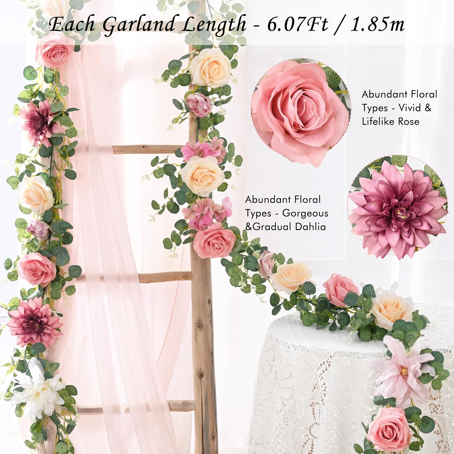 Waipfaru 2Pcs Artificial Flower Garland with Pink Roses and Eucalyptus Vines