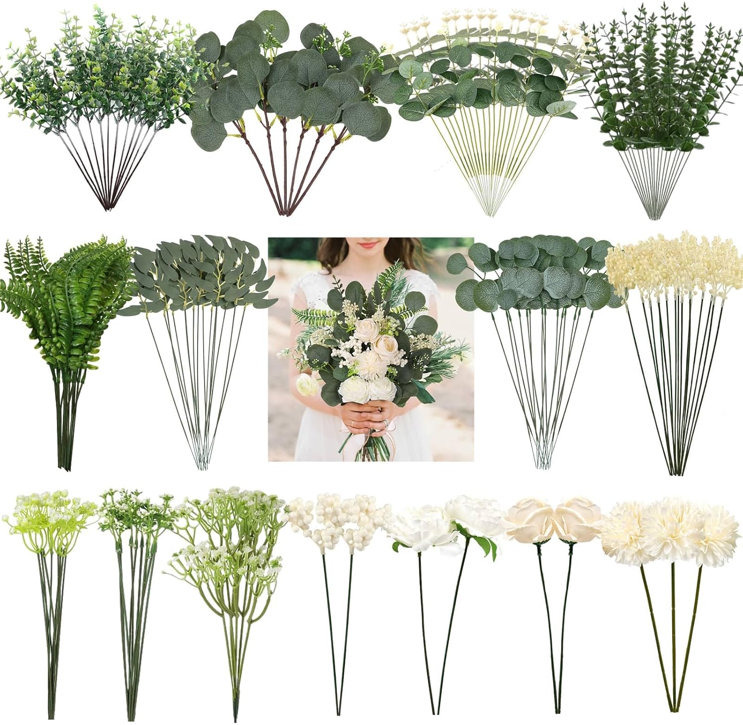 120 Pcs Mixed Artificial Eucalyptus Stems and Flowers Bundle