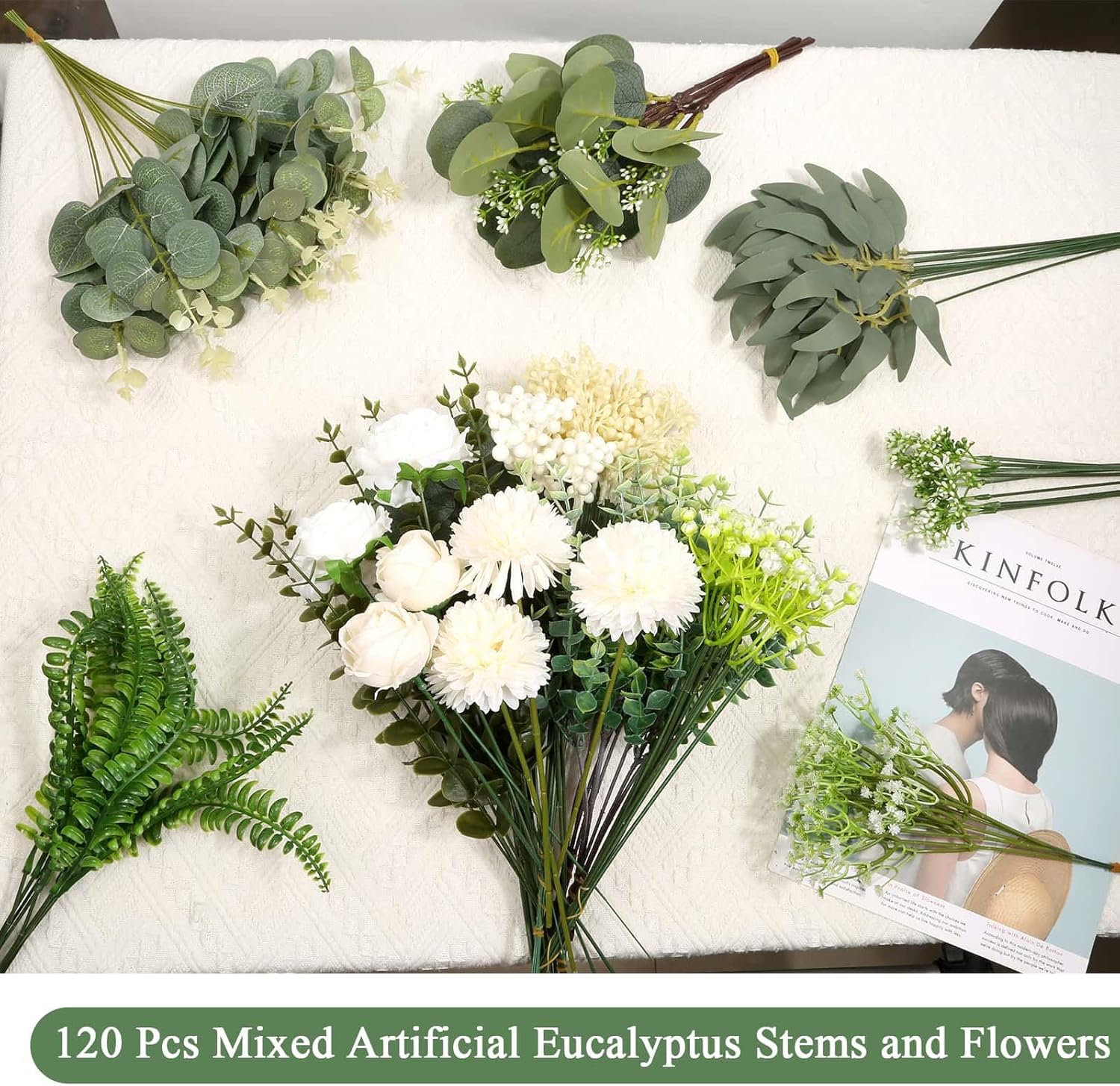 120 Pcs Mixed Artificial Eucalyptus Stems and Flowers Bundle