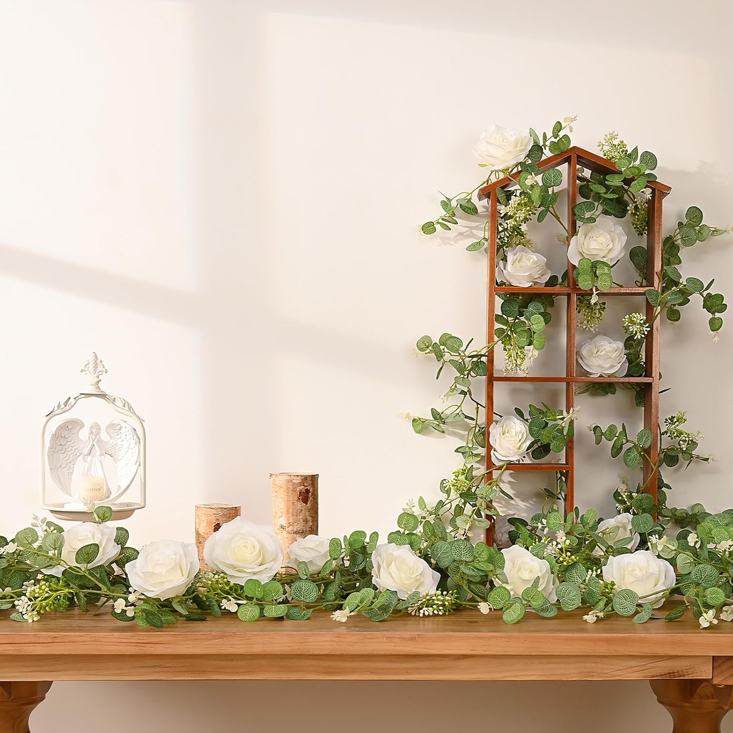 Dolicer Artificial Eucalyptus Garland with Flowers 2Pcs 13Ft White