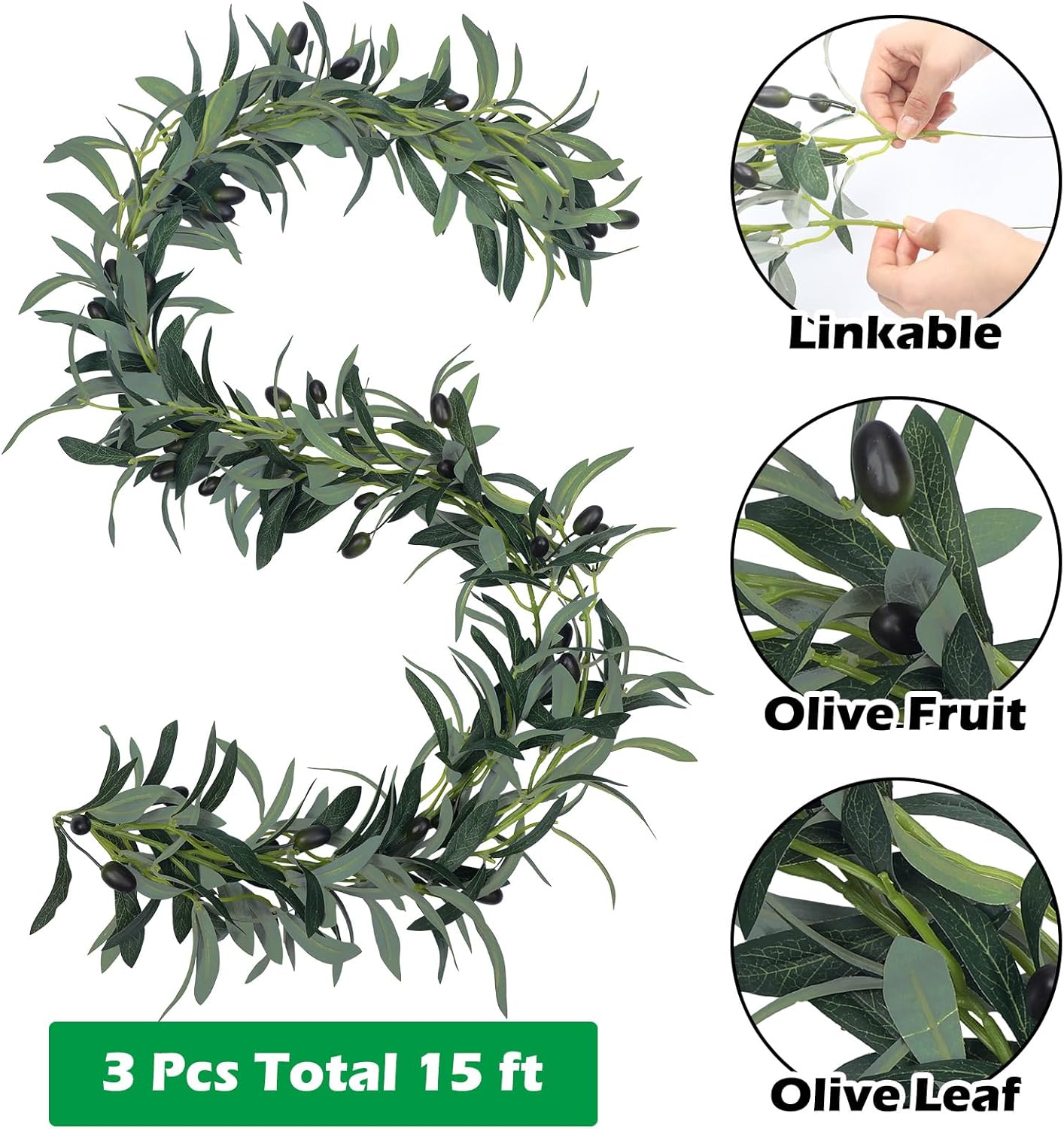 Giegxin 3 Pcs 15 Ft Artificial Olive Garland Decor