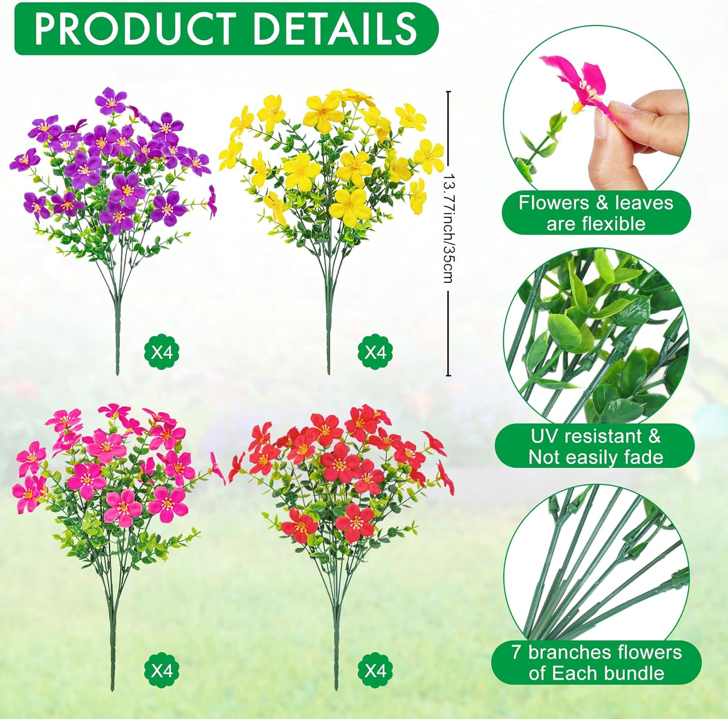 16 Piece Artificial Flowers Outdoor Decor UV Resistant