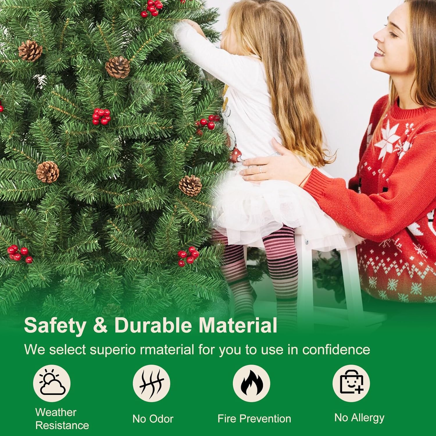 7FT Artificial Christmas Tree with Pine Cone and Red Fruit Foldable Metal Stand