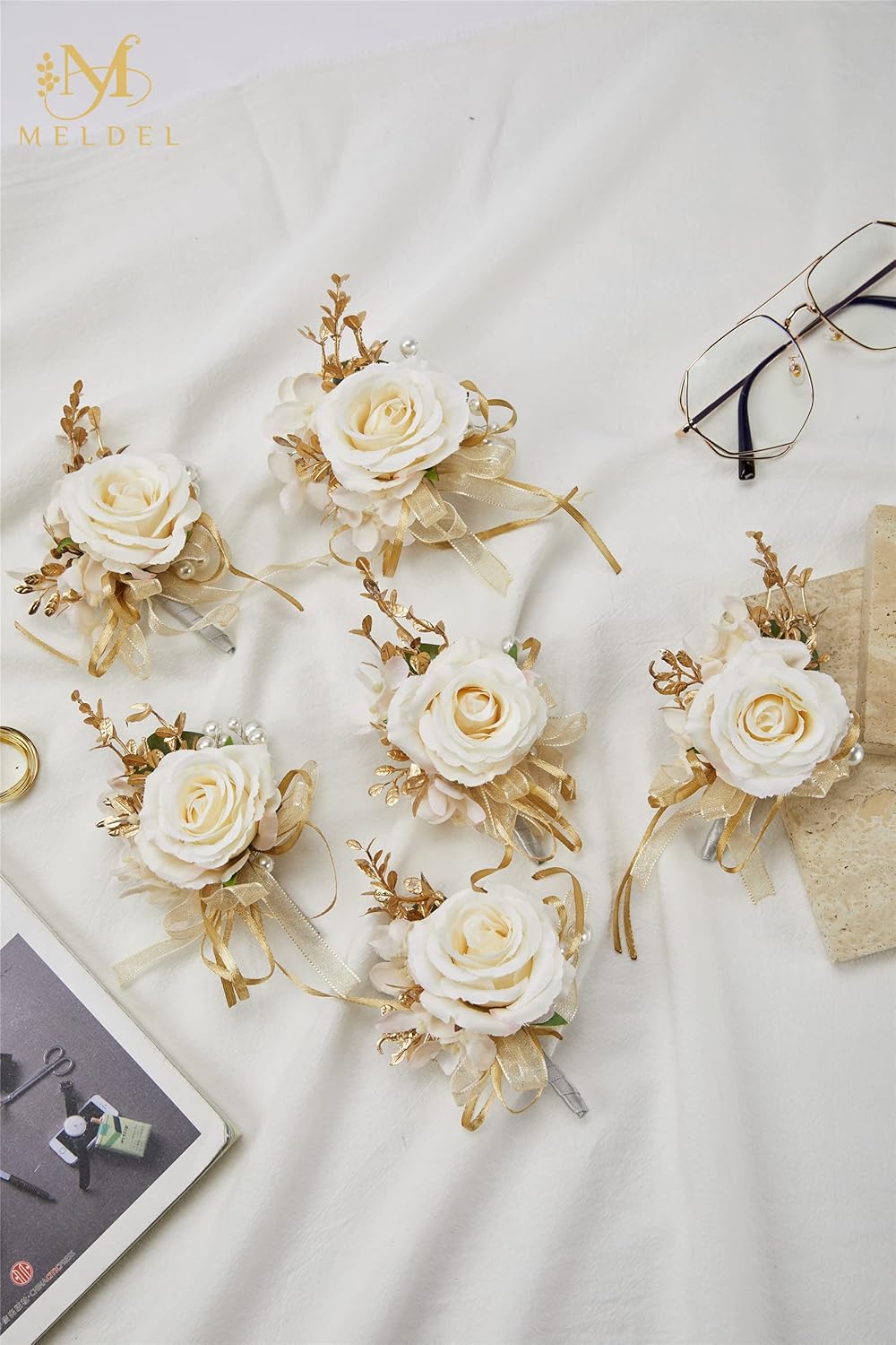Meldel Champagne Boutonniere Set of 6 for Groom Best Man
